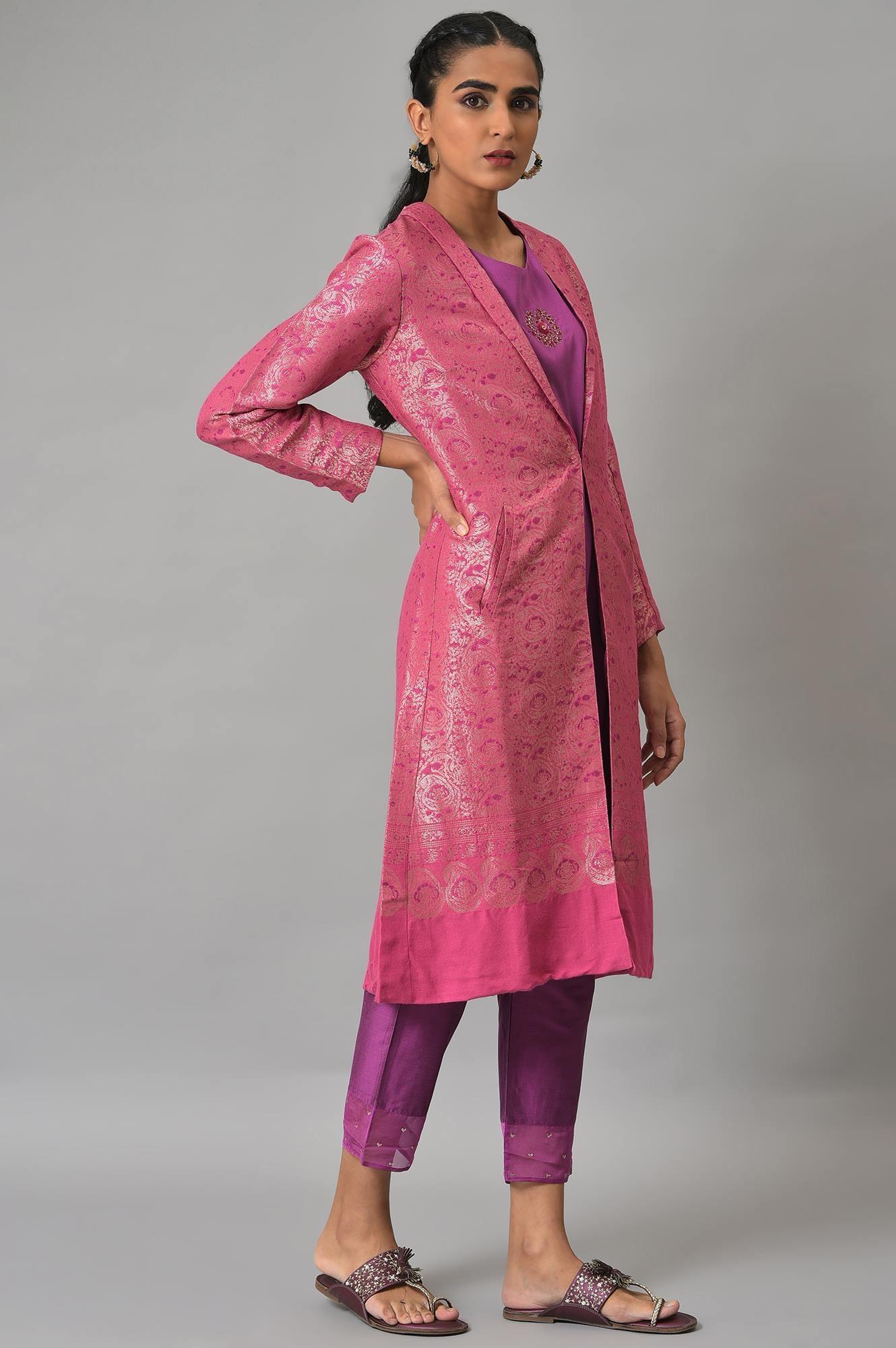 Pink Jacquard Jacket, Purple kurta & Pant Suit Set - wforwoman