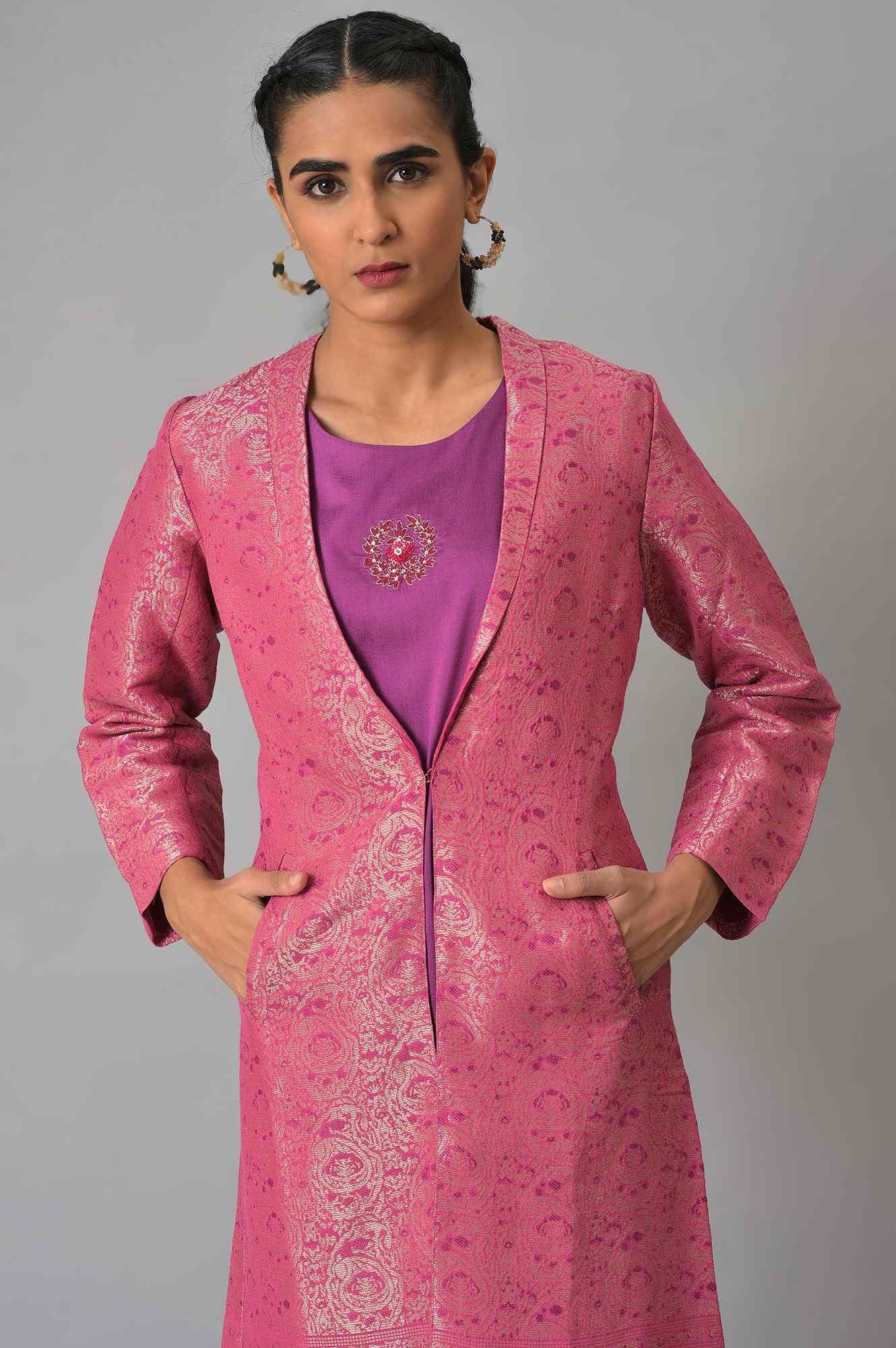 Pink Jacquard Jacket, Purple kurta & Pant Suit Set - wforwoman