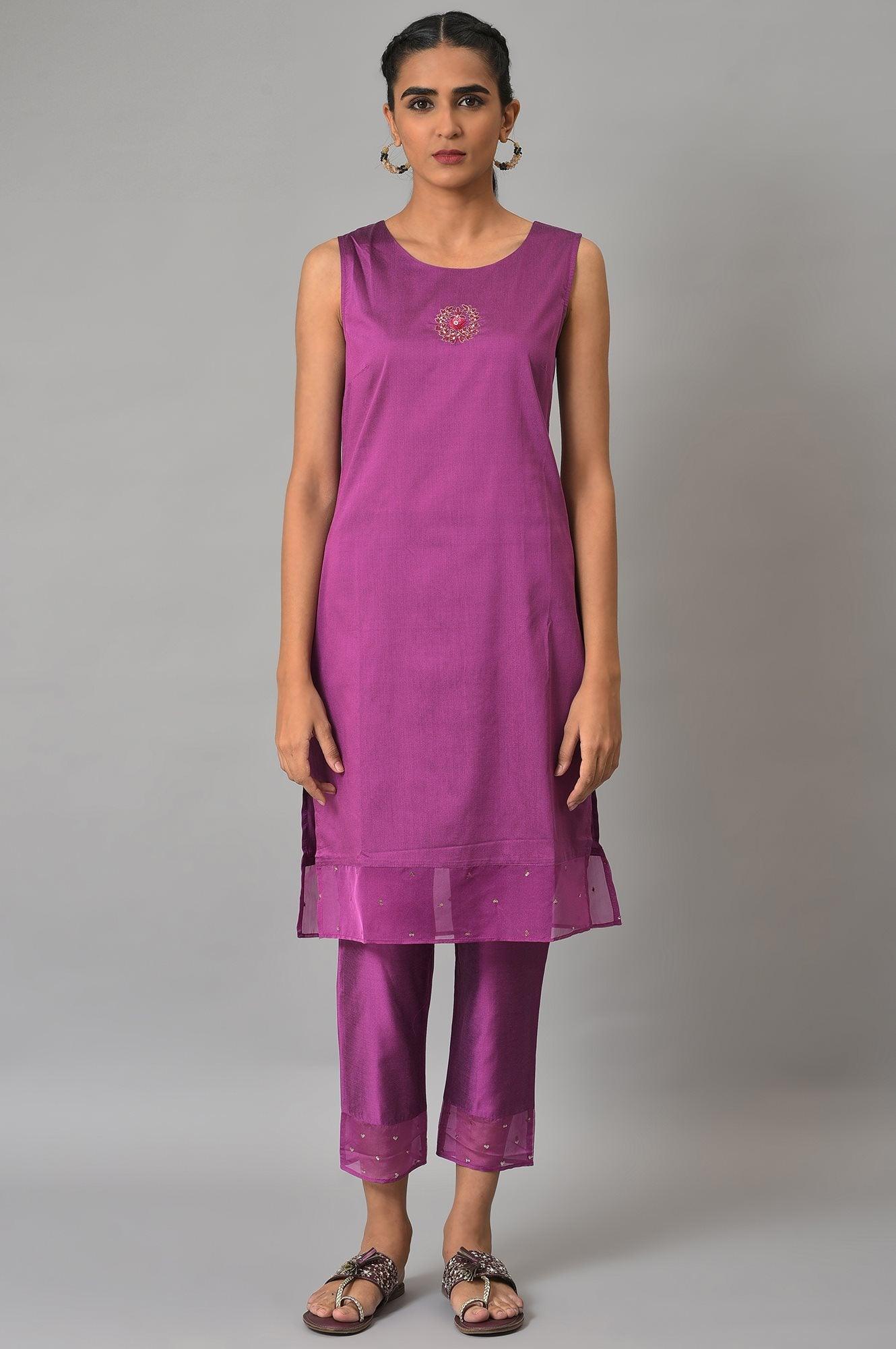 Pink Jacquard Jacket, Purple kurta & Pant Suit Set - wforwoman