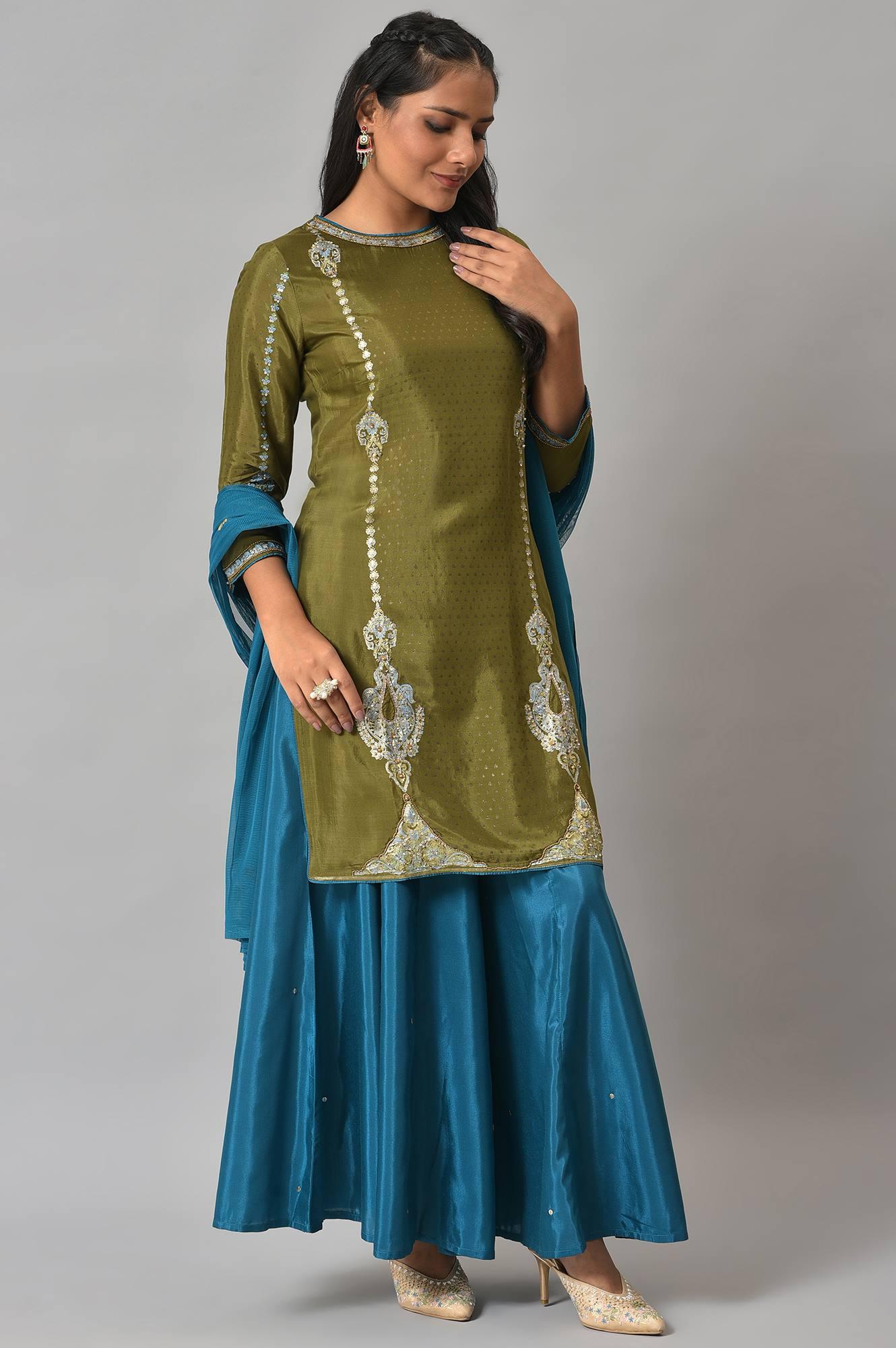 Olive Green Embroidered kurta With Teal Flared Pants And Dupatta - wforwoman