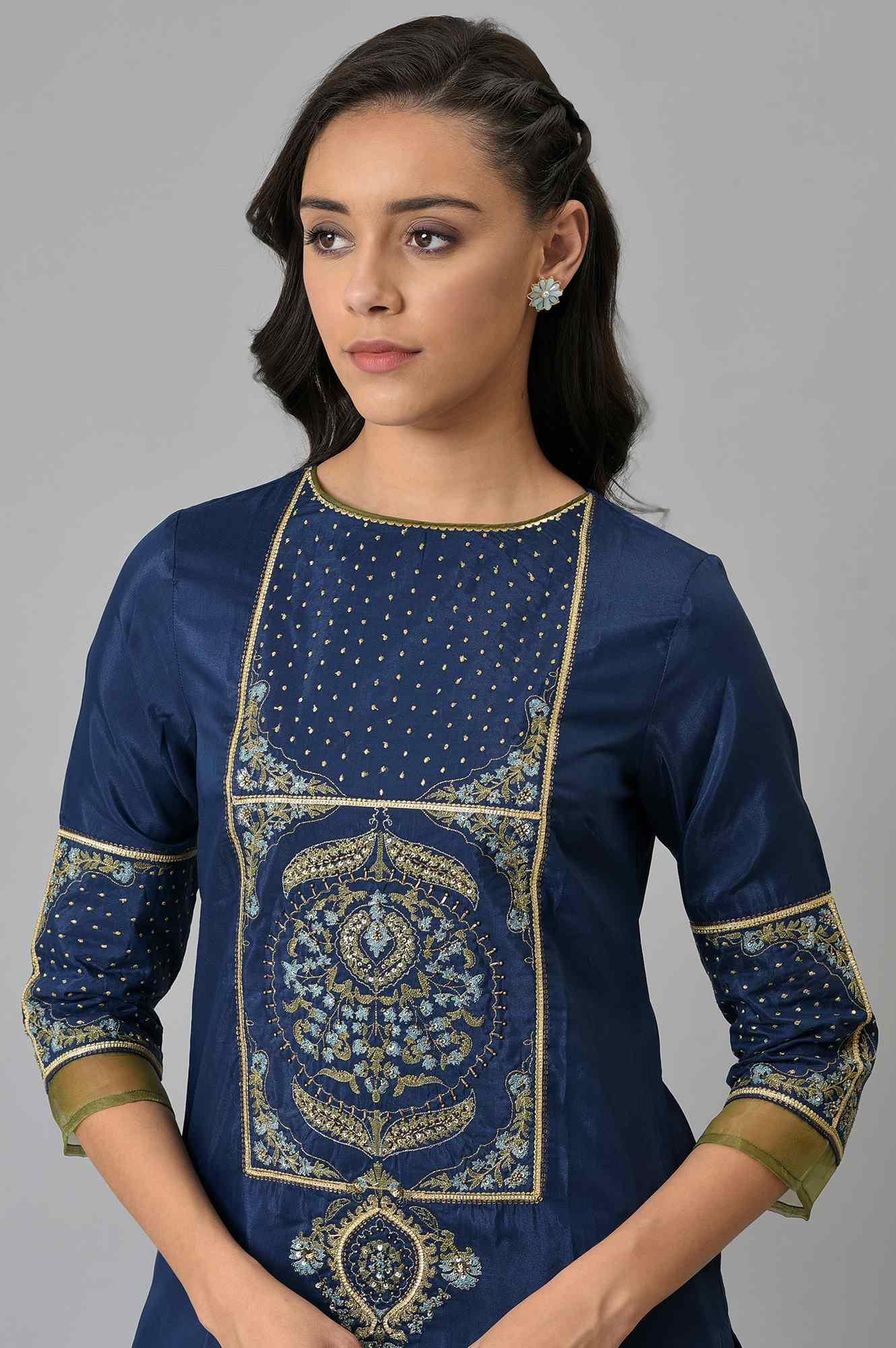 Royal Blue Embroidered kurta With Olive Green Sharara And Dupatta - wforwoman
