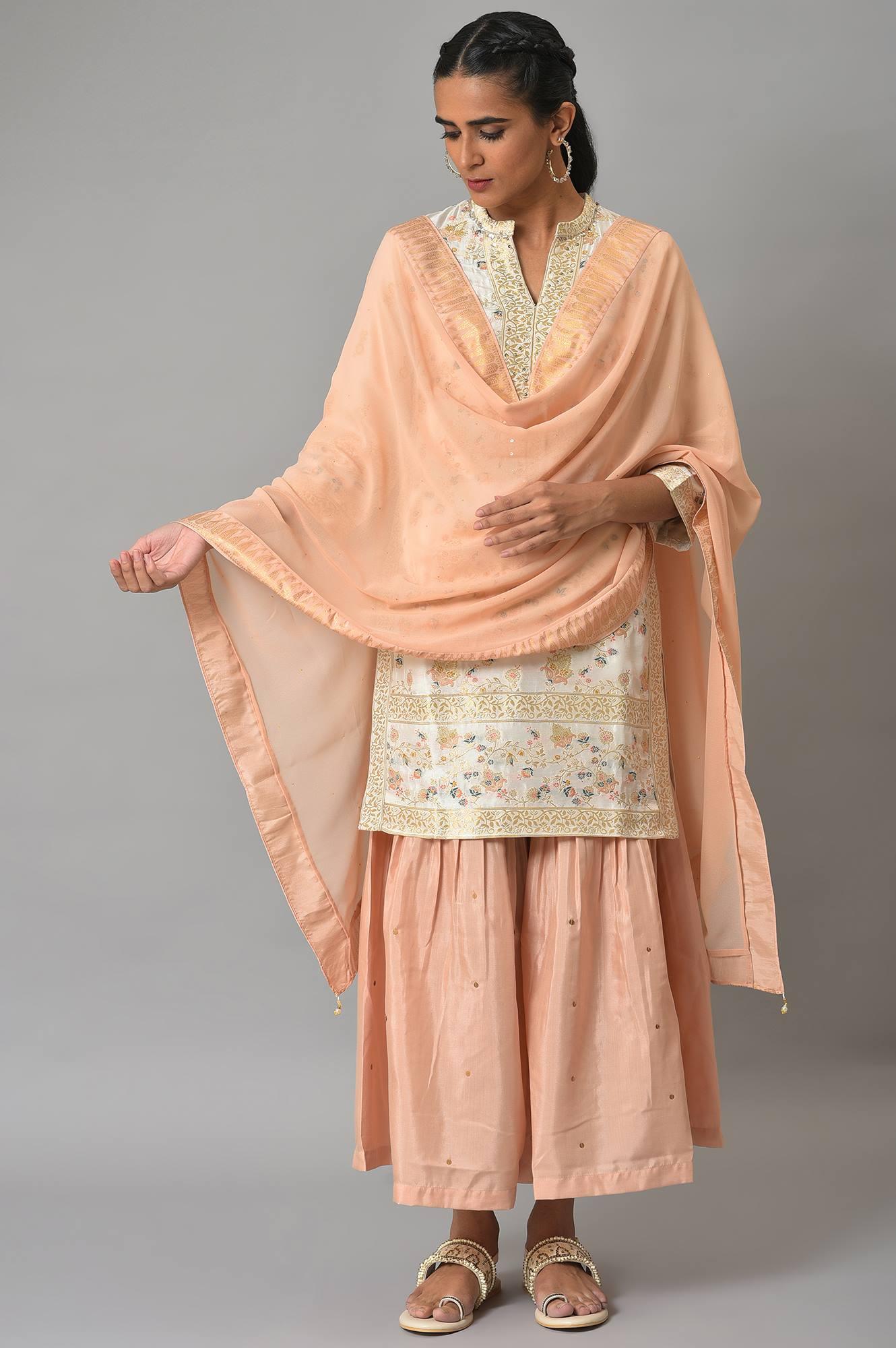 Ecru Short kurta And Pink Sharara With Dupatta Festive Set - wforwoman