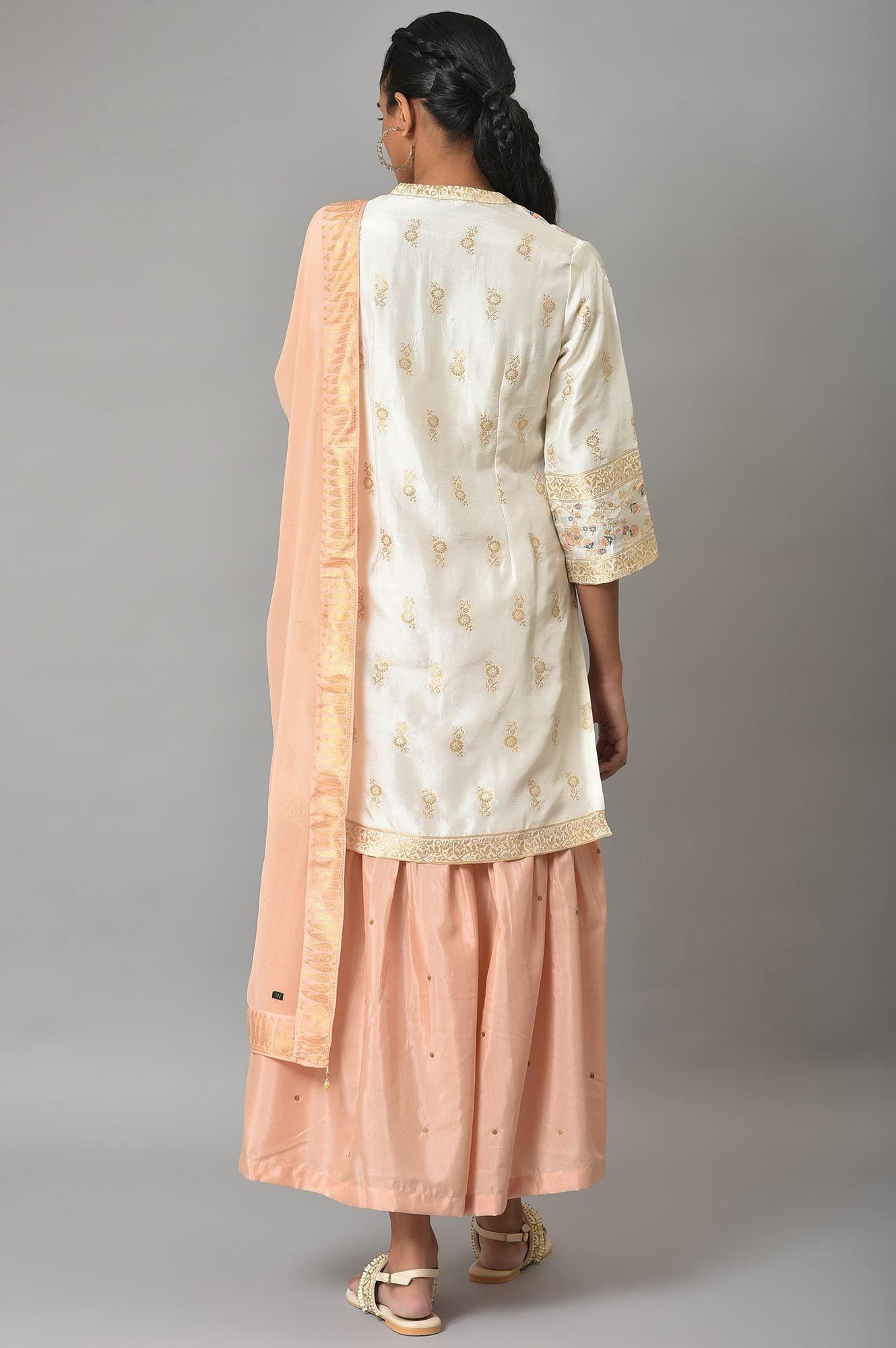 Ecru Short kurta And Pink Sharara With Dupatta Festive Set - wforwoman