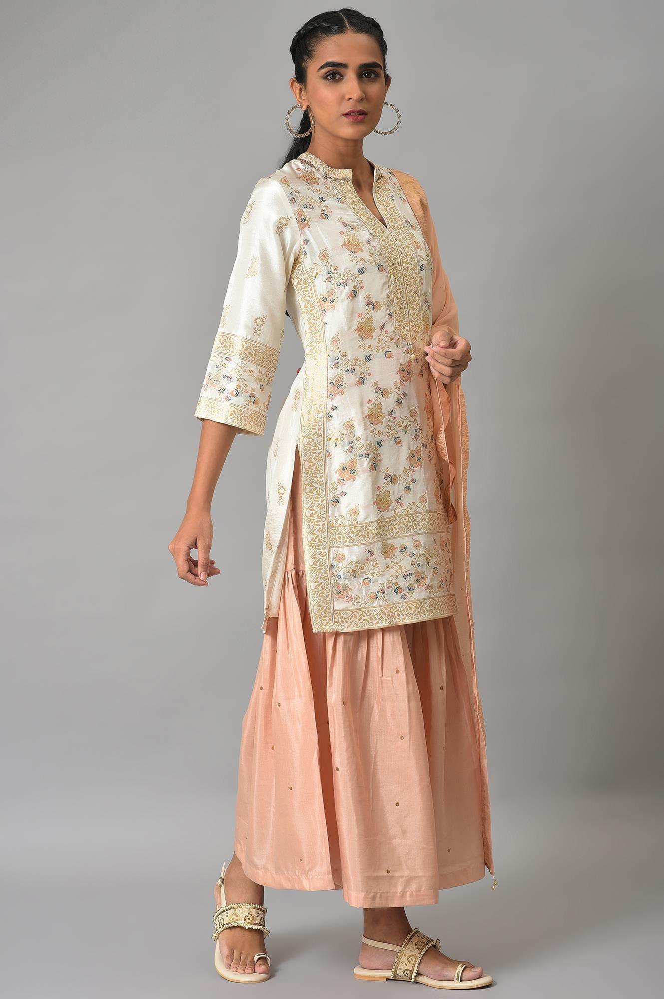 Ecru Short kurta And Pink Sharara With Dupatta Festive Set - wforwoman