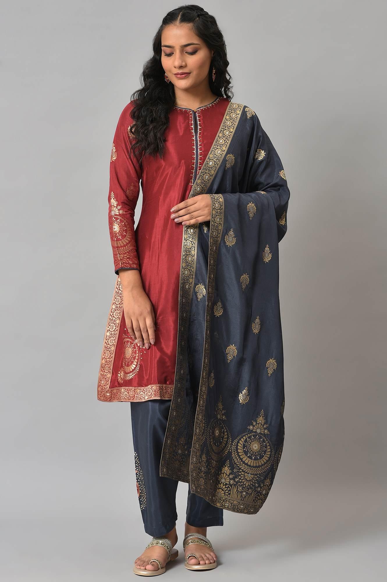 Buy Red Embroidered kurta With Blue Salwar Pants And Dupatta