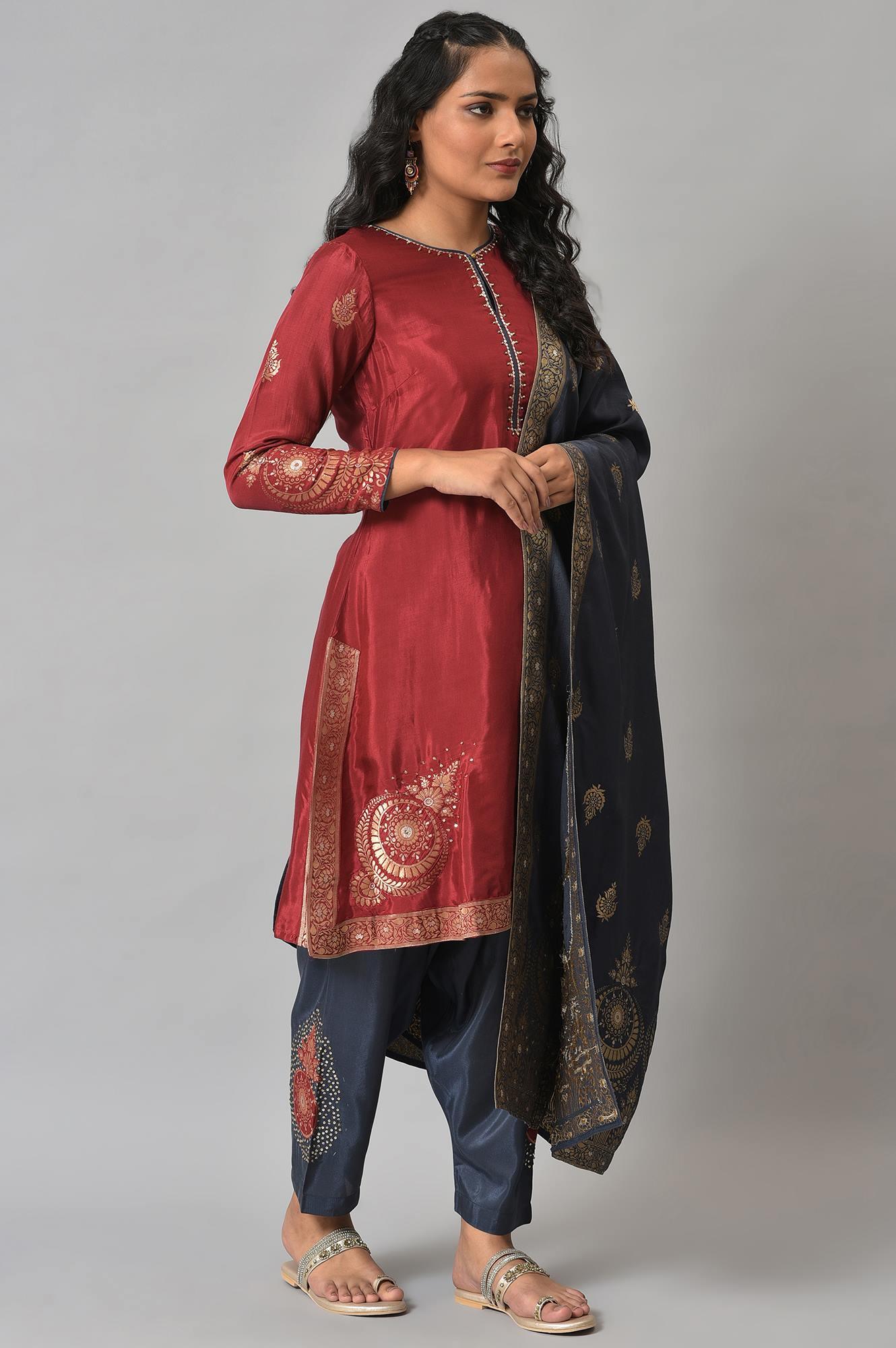 Red Embroidered kurta With Blue Salwar Pants And Dupatta - wforwoman