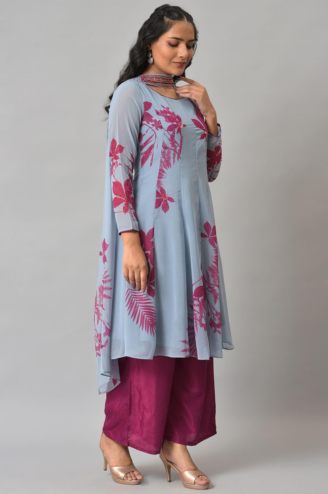 Light Blue Anarkali kurta With Pants And Predrape - wforwoman