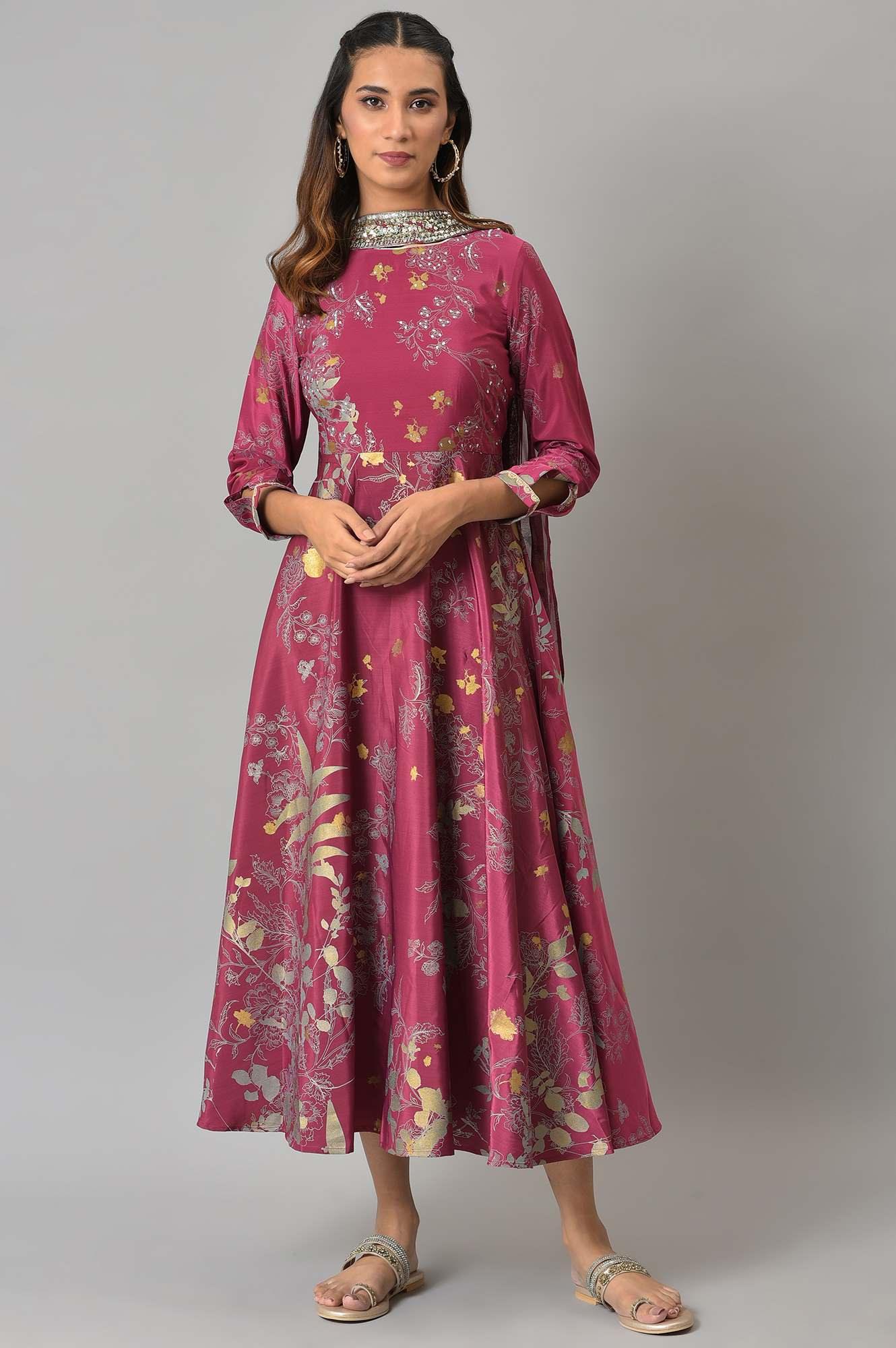 Purple French Crepe Long Dress With Dupatta - wforwoman