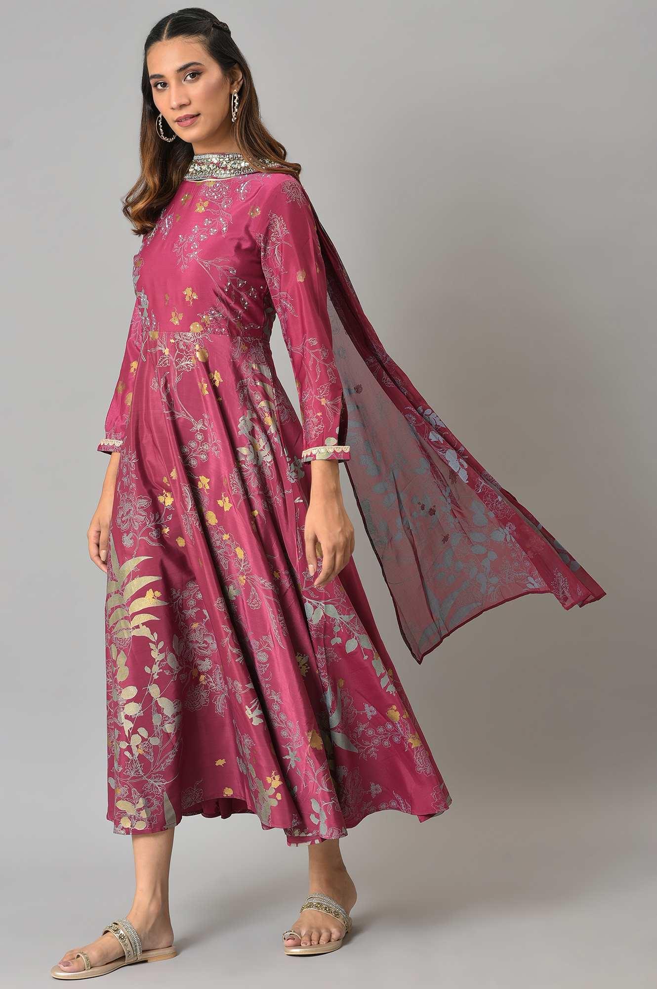 Purple French Crepe Long Dress With Dupatta - wforwoman