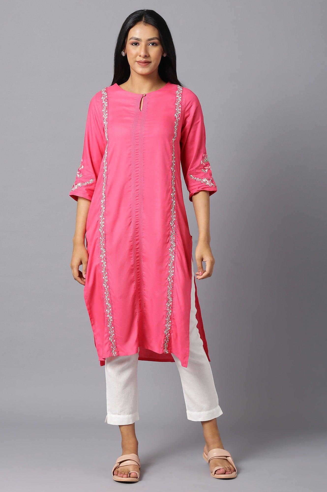 Dark Pink Rayon kurta With Multicolour Embroidery - wforwoman