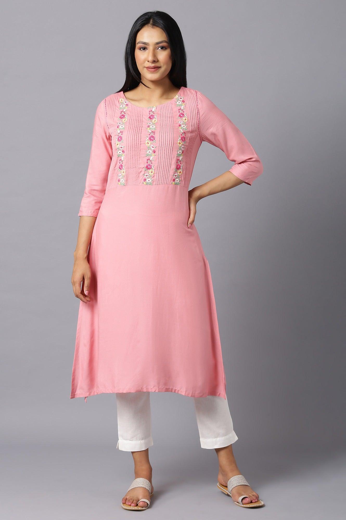 Pink Embroidered kurta With Lace Trimming - wforwoman