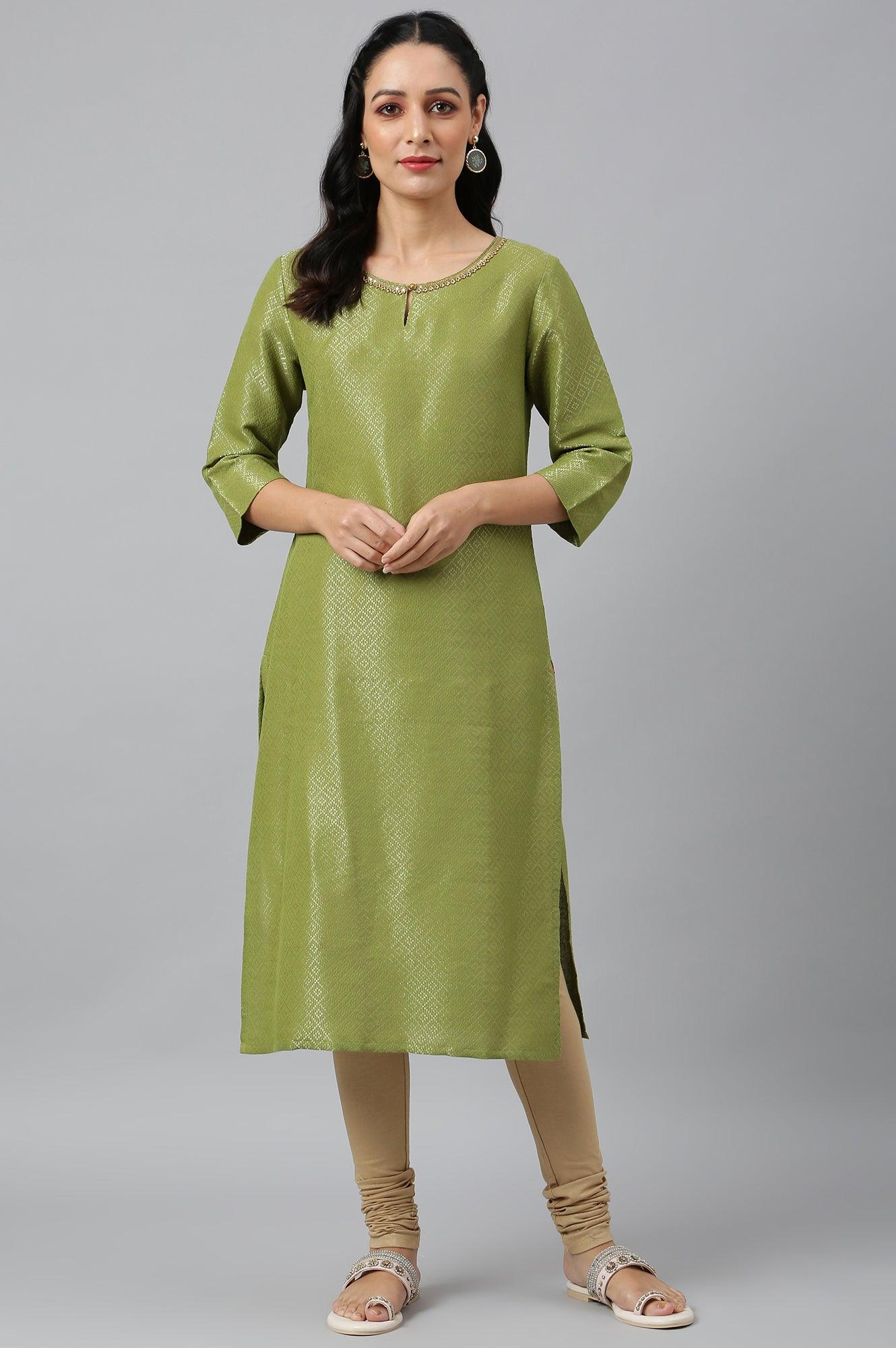 Green Geometric Print Dobby kurta - wforwoman