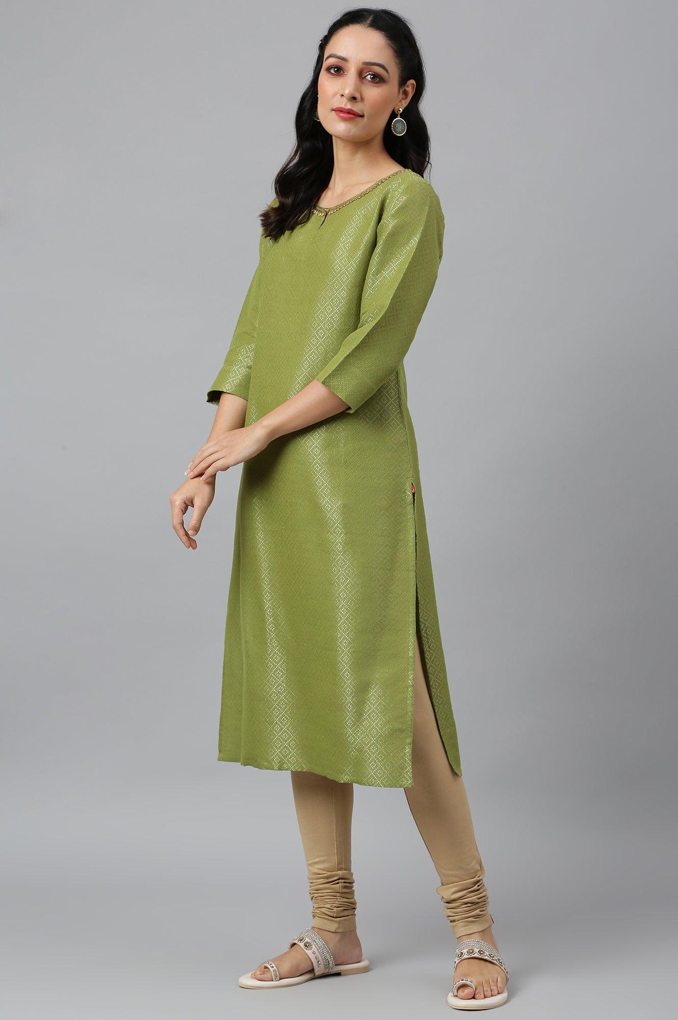 Green Geometric Print Dobby kurta - wforwoman