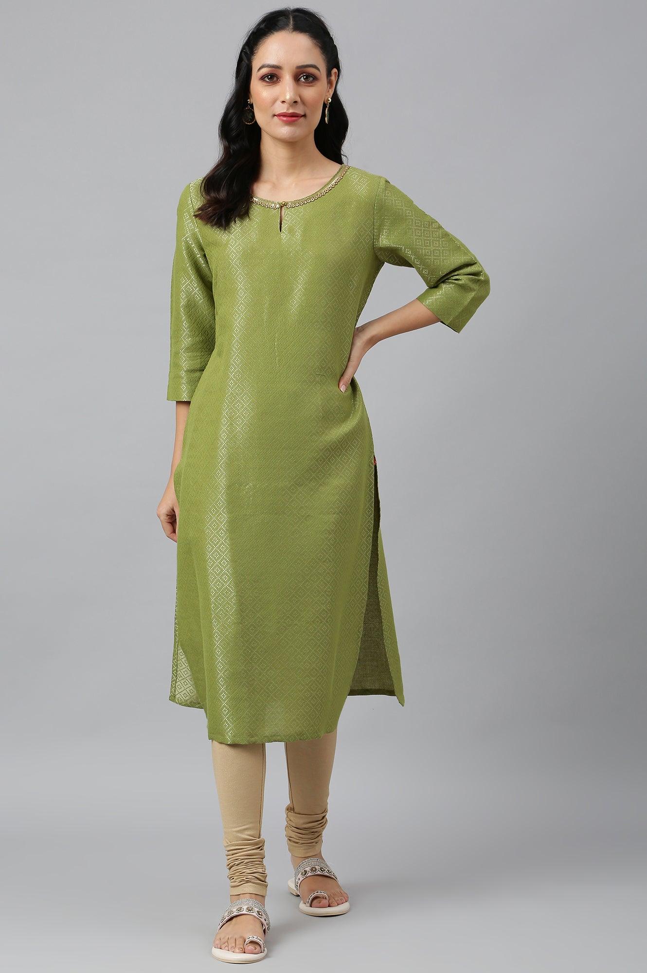 Green Geometric Print Dobby kurta - wforwoman