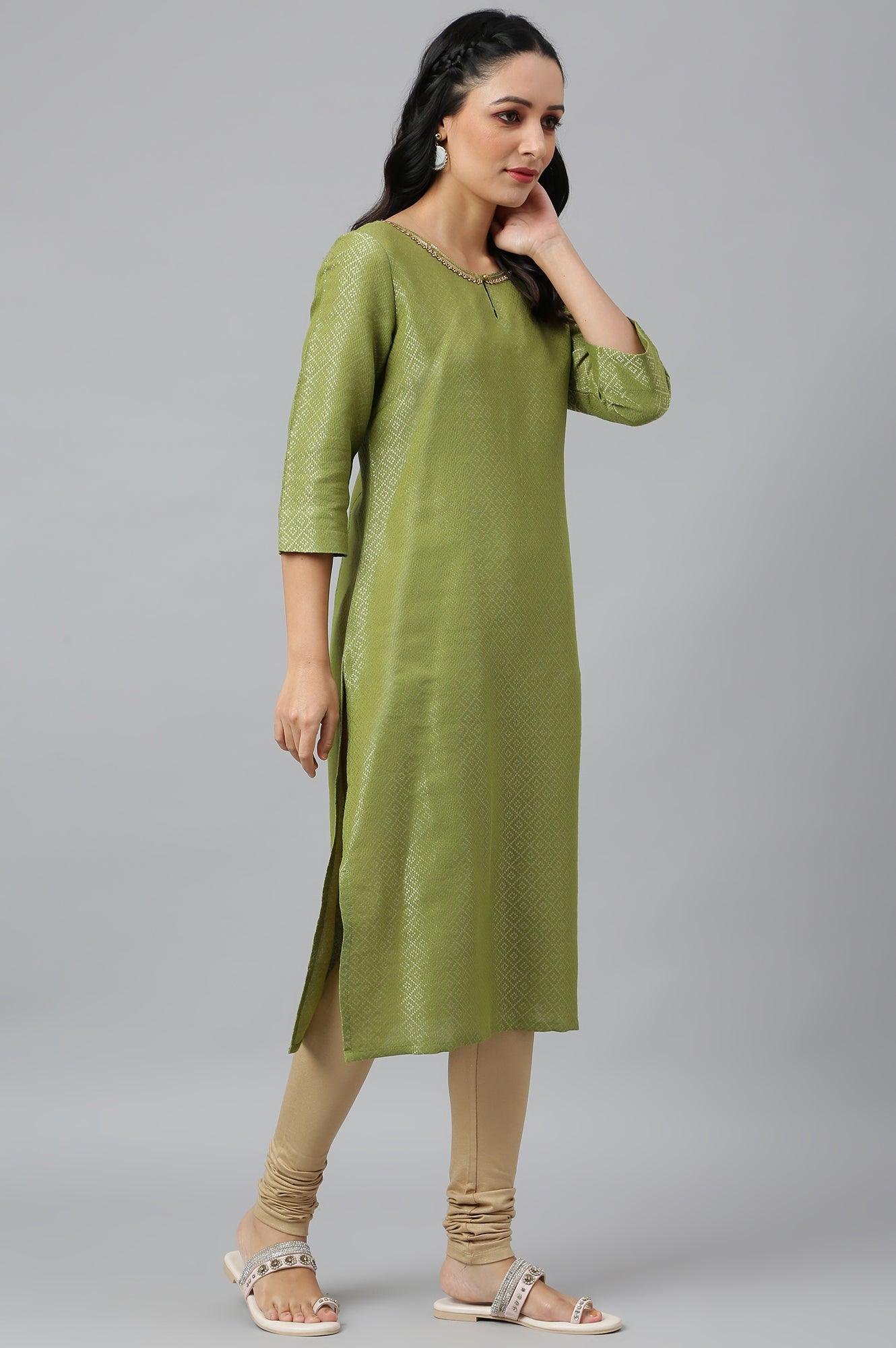 Green Geometric Print Dobby kurta - wforwoman