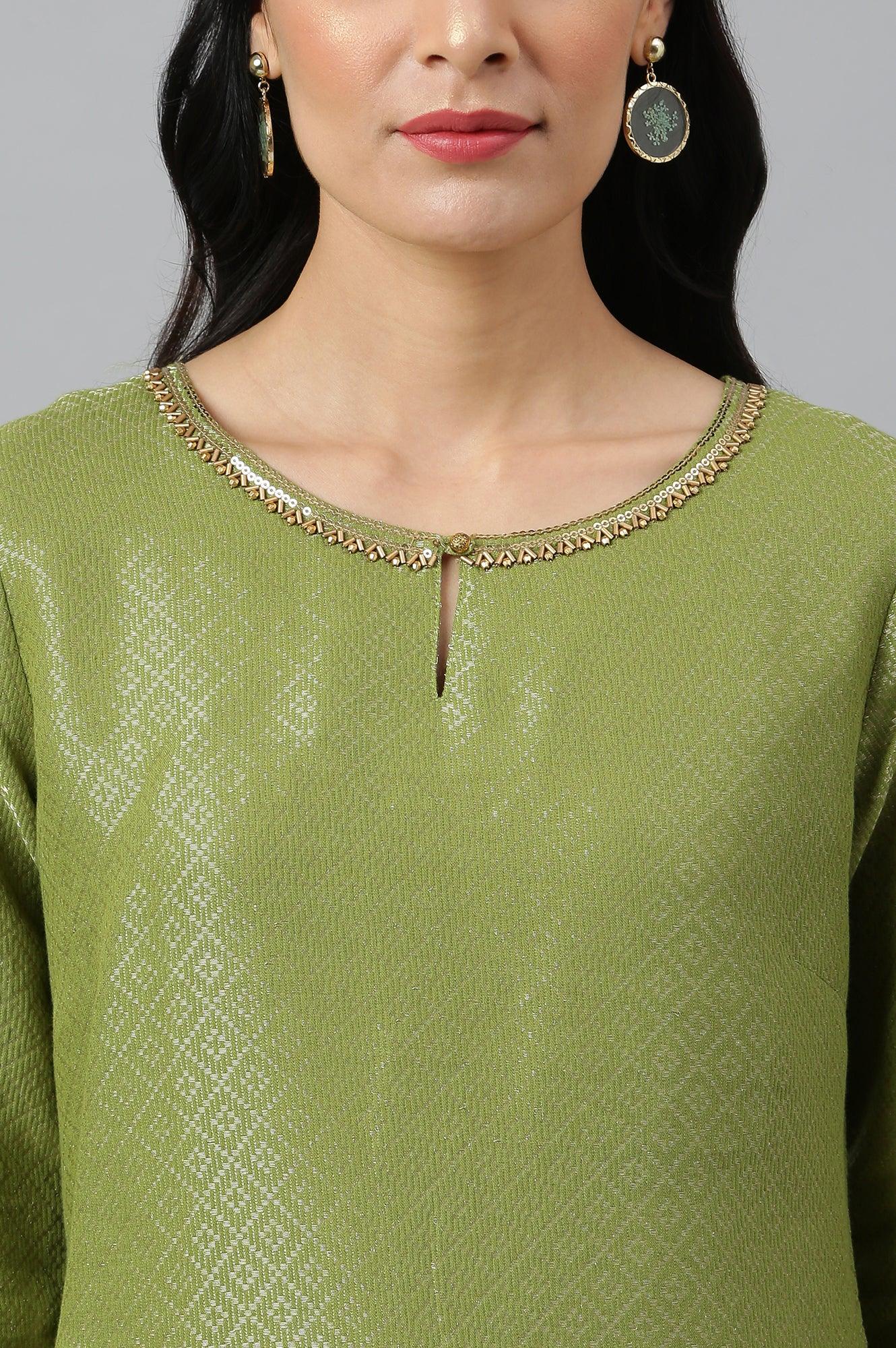 Green Geometric Print Dobby kurta - wforwoman