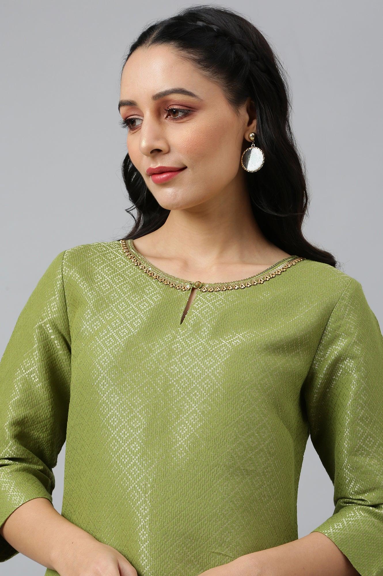 Green Geometric Print Dobby kurta - wforwoman