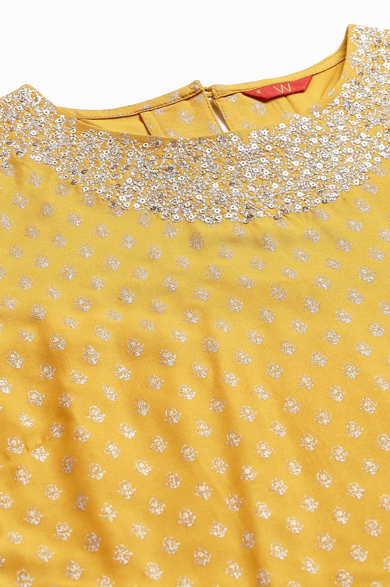 Mustard Printed kurta With Metallic Embroidery - wforwoman
