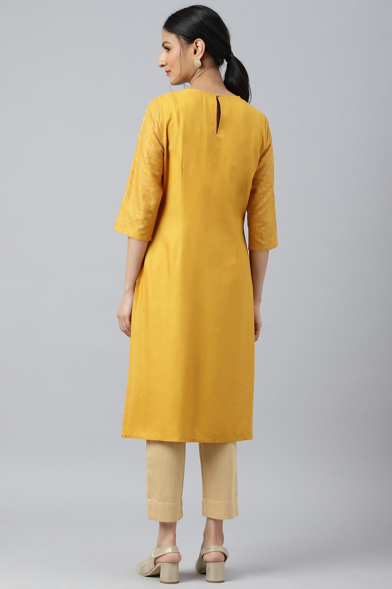 Mustard Printed kurta With Metallic Embroidery - wforwoman