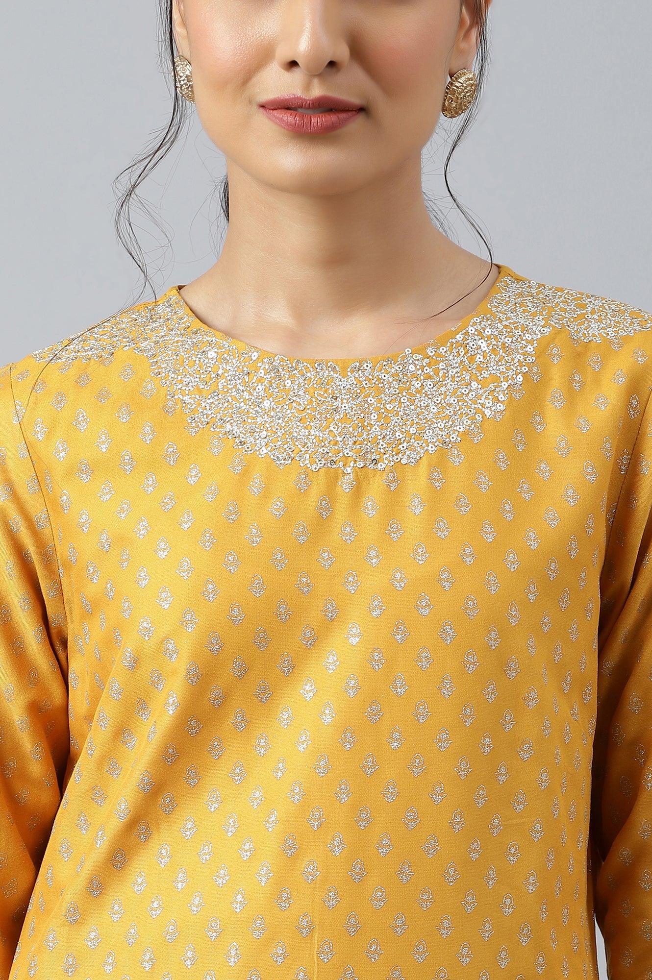 Mustard Printed kurta With Metallic Embroidery - wforwoman