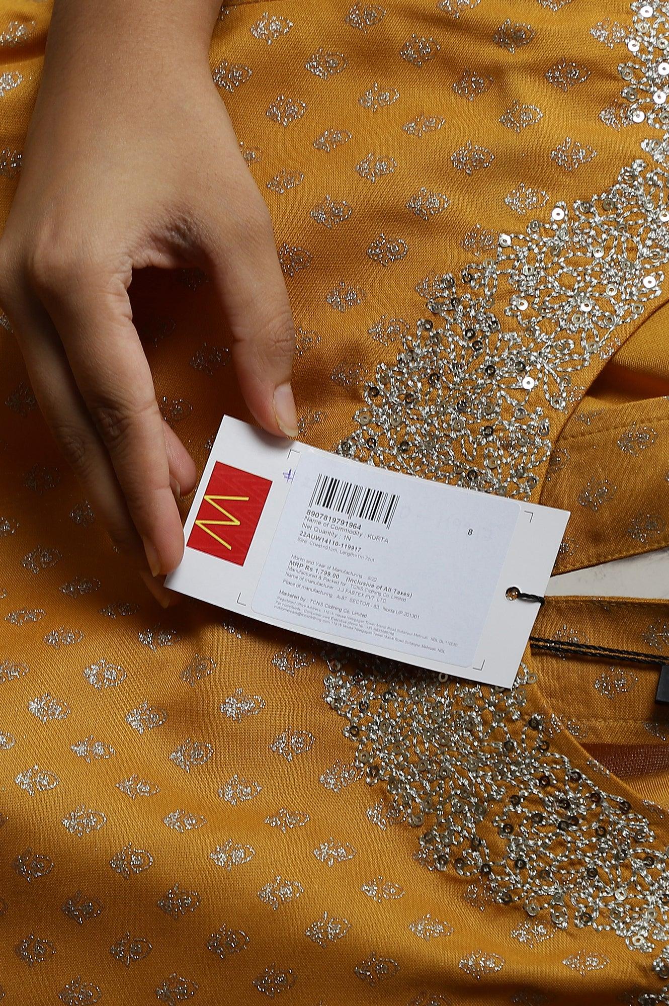 Mustard Printed kurta With Metallic Embroidery - wforwoman