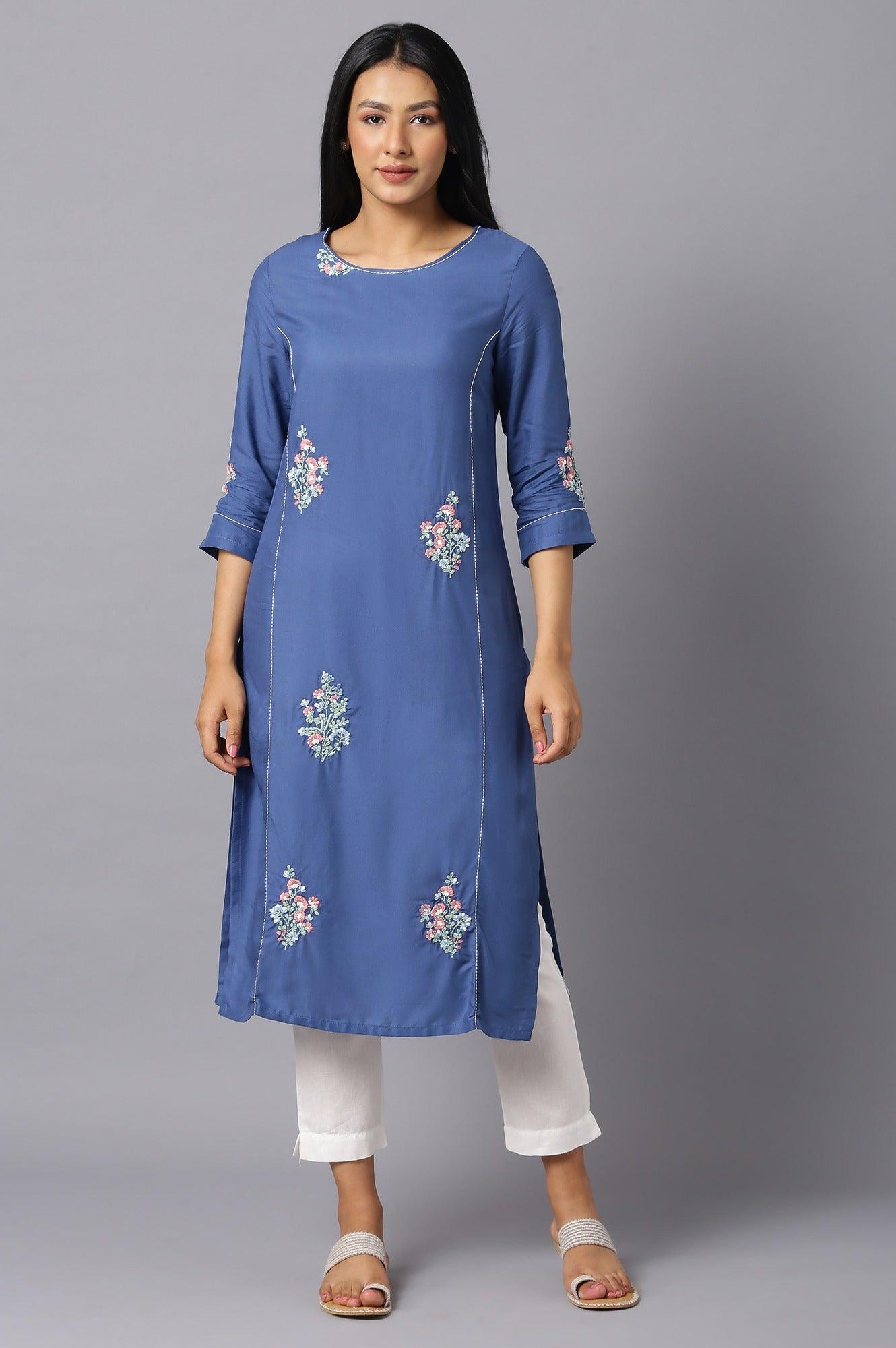 Dark Blue Embroidered kurta In Round Neck - wforwoman