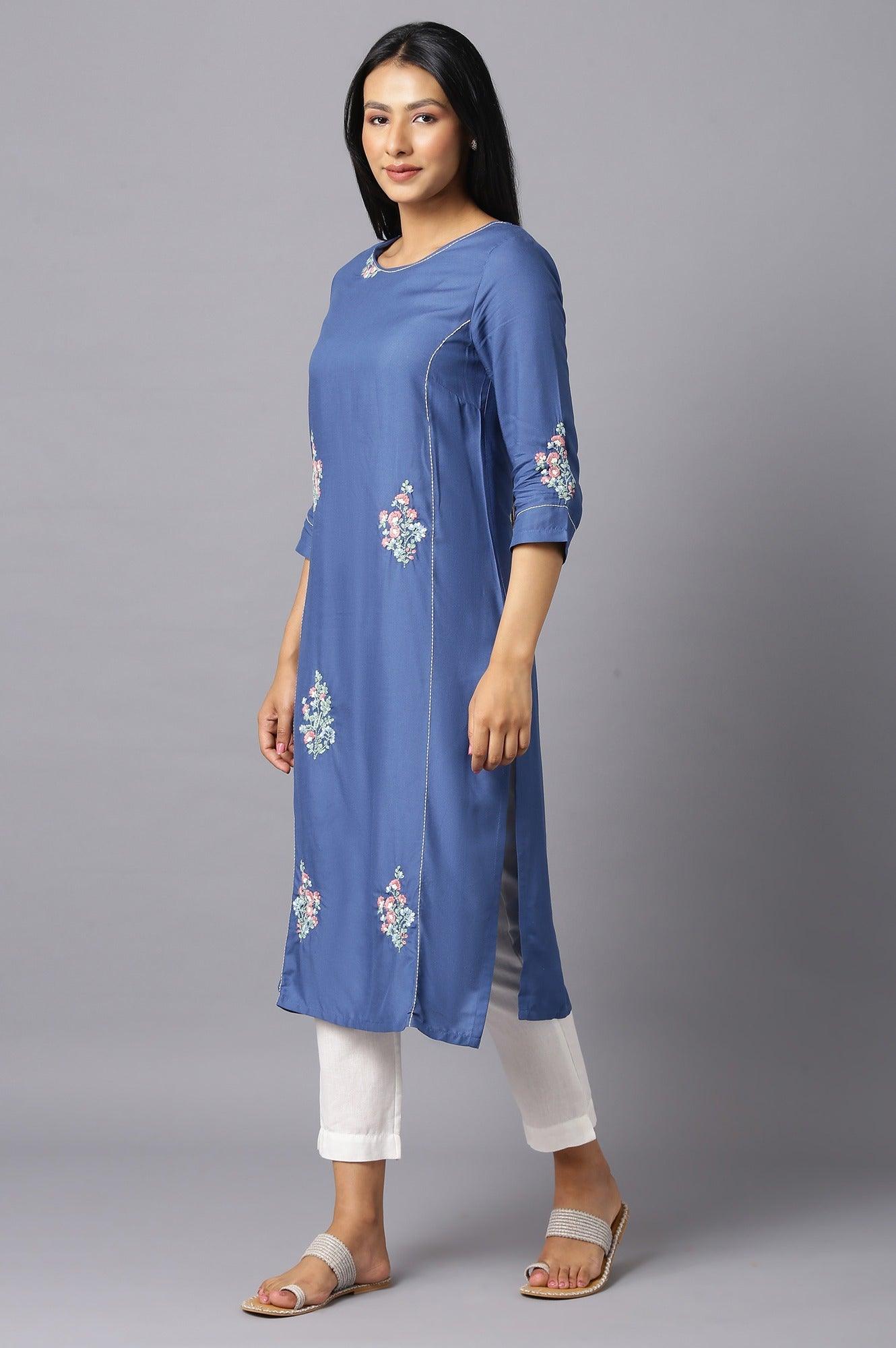 Dark Blue Embroidered kurta In Round Neck - wforwoman