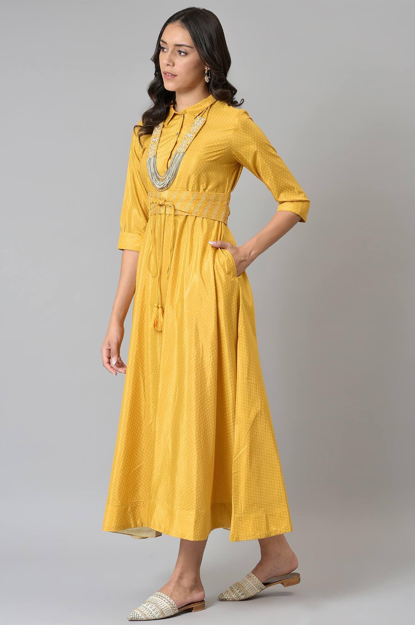 Yellow Glitter Printed Shirt Dress With Embroidered Neckpiece - wforwoman
