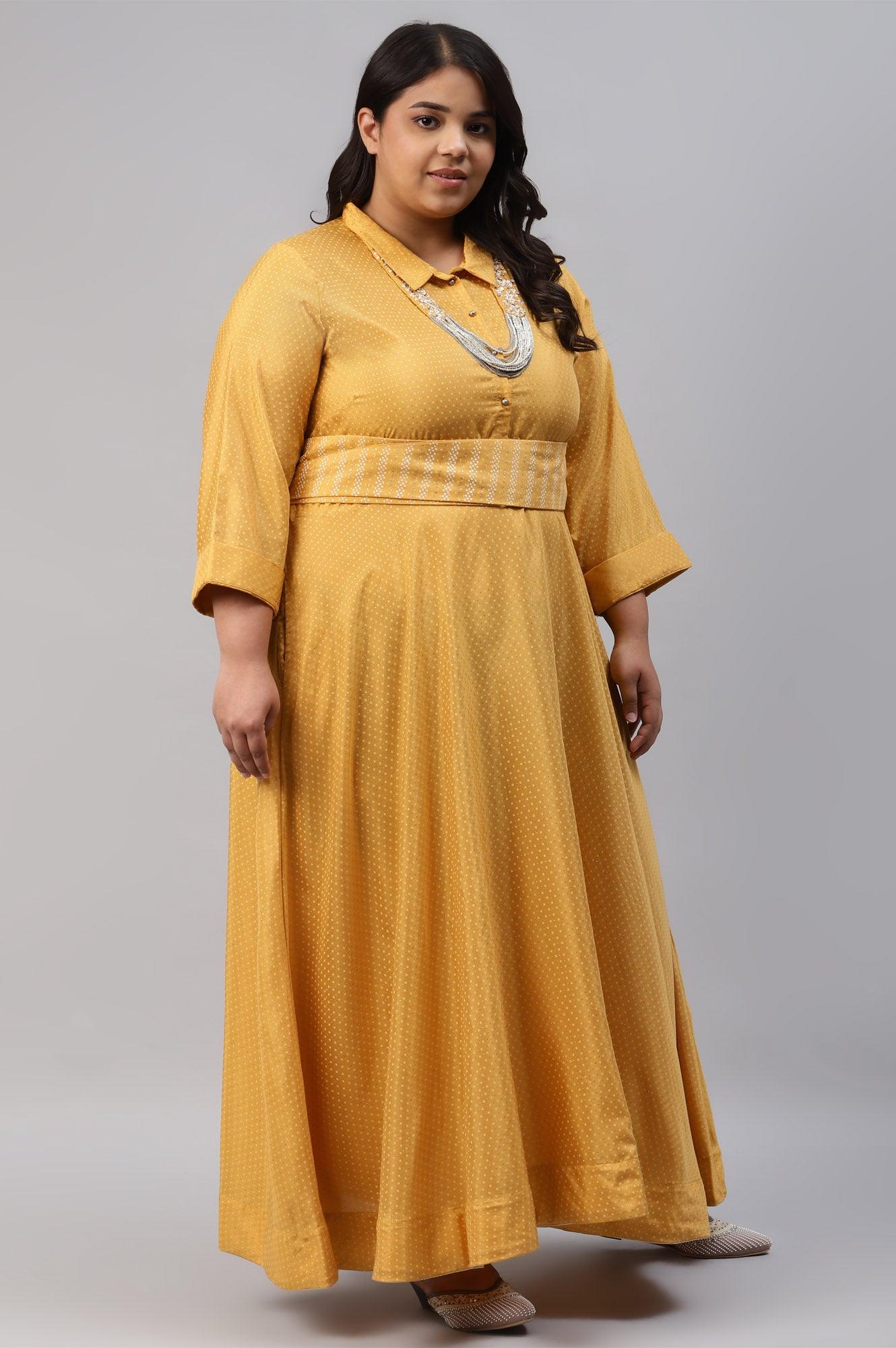 Yellow Glitter Printed Plus Size Shirt Dress With Embroidered Neckpiece - wforwoman