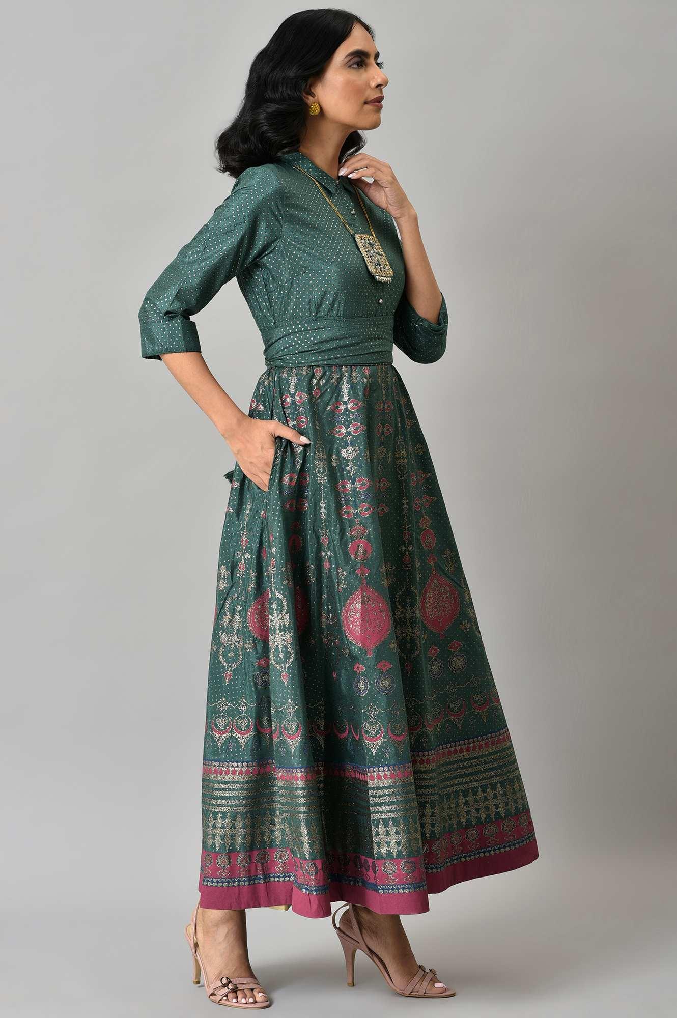 Green Glitter Printed Festive Shirt Dress With Placket - wforwoman