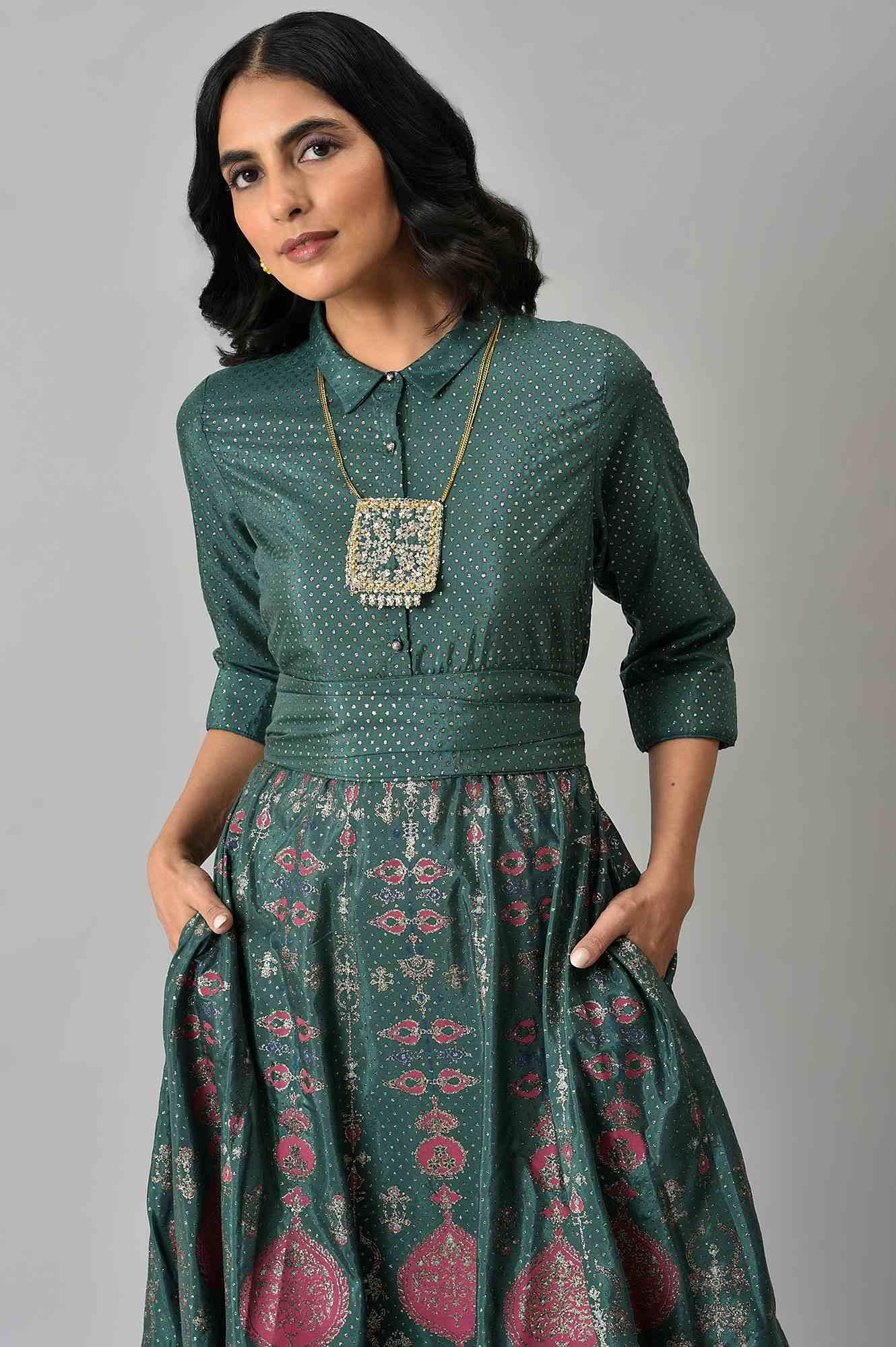 Green Glitter Printed Festive Shirt Dress With Placket - wforwoman