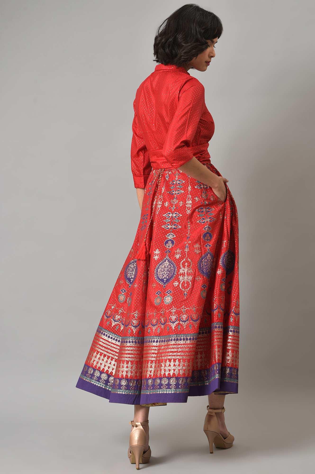 Red Glitter Printed Festive Shirt Dress With Placket - wforwoman