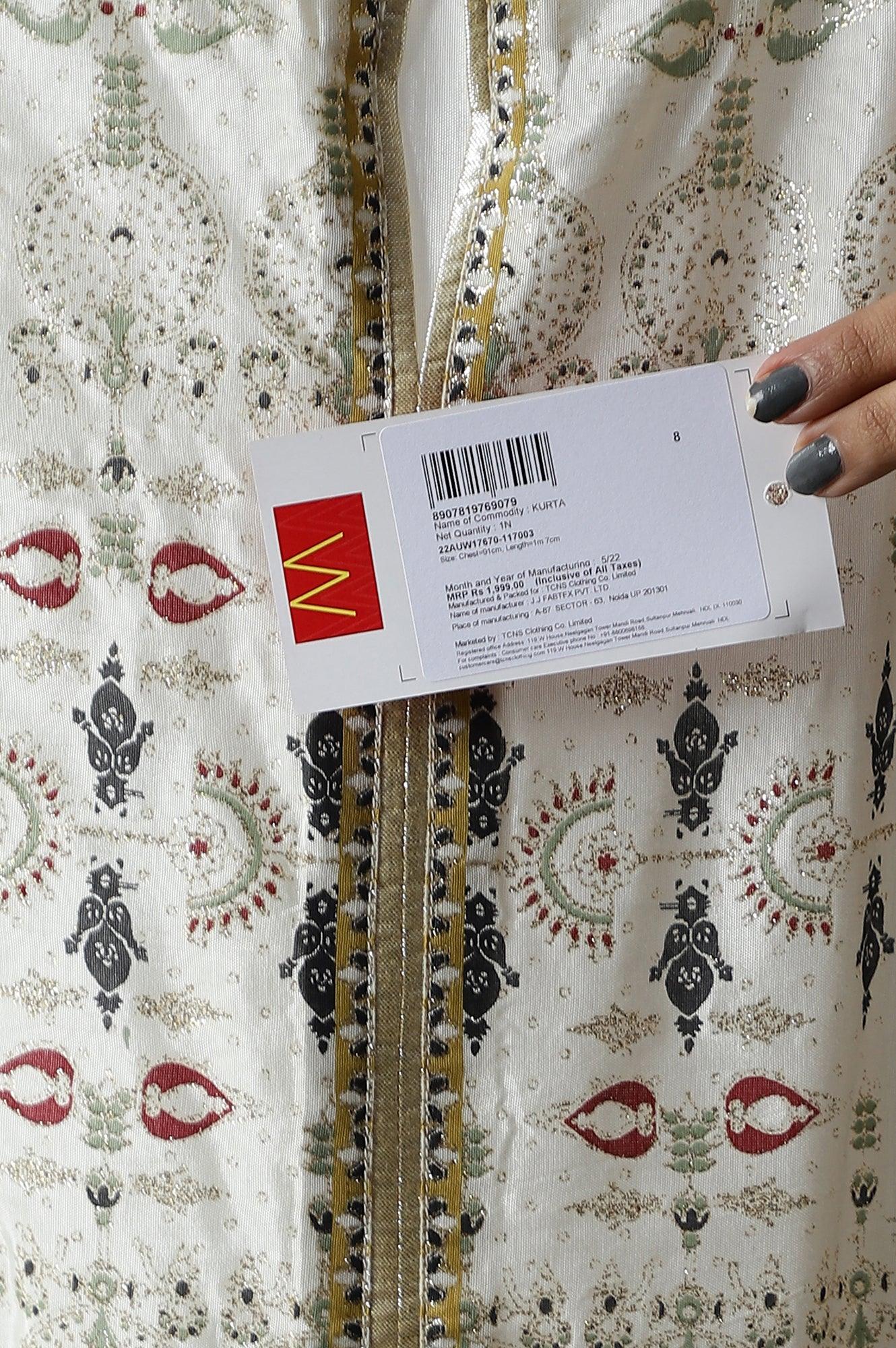 Ecru Glitter Printed kurta With Sequins - wforwoman