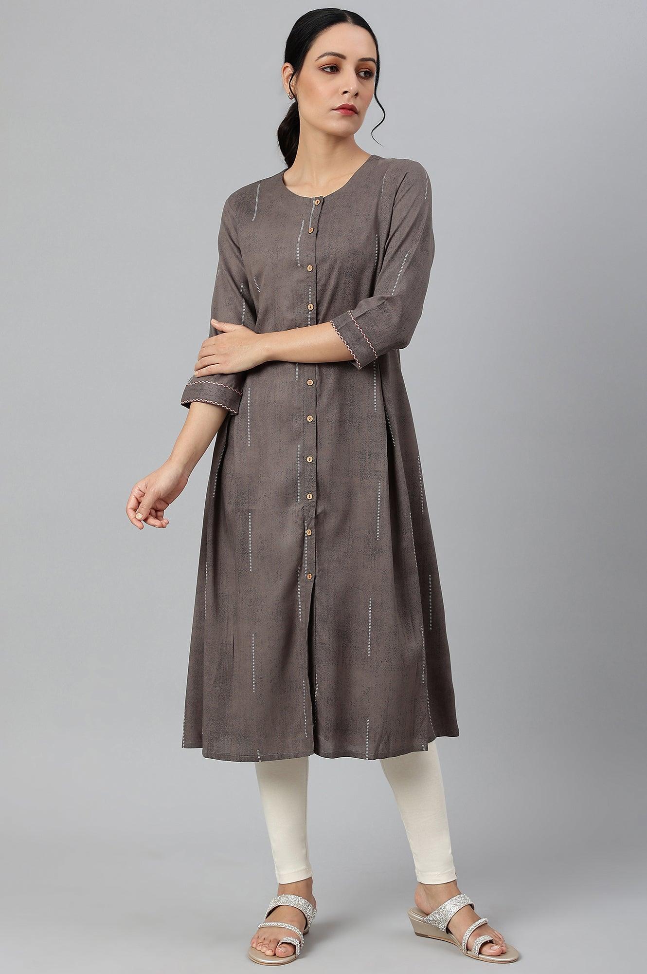 Charcoal Grey Button Down Pleated kurta - wforwoman