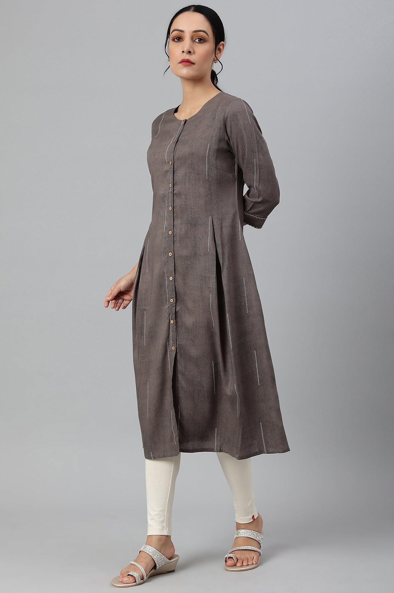 Charcoal Grey Button Down Pleated kurta - wforwoman