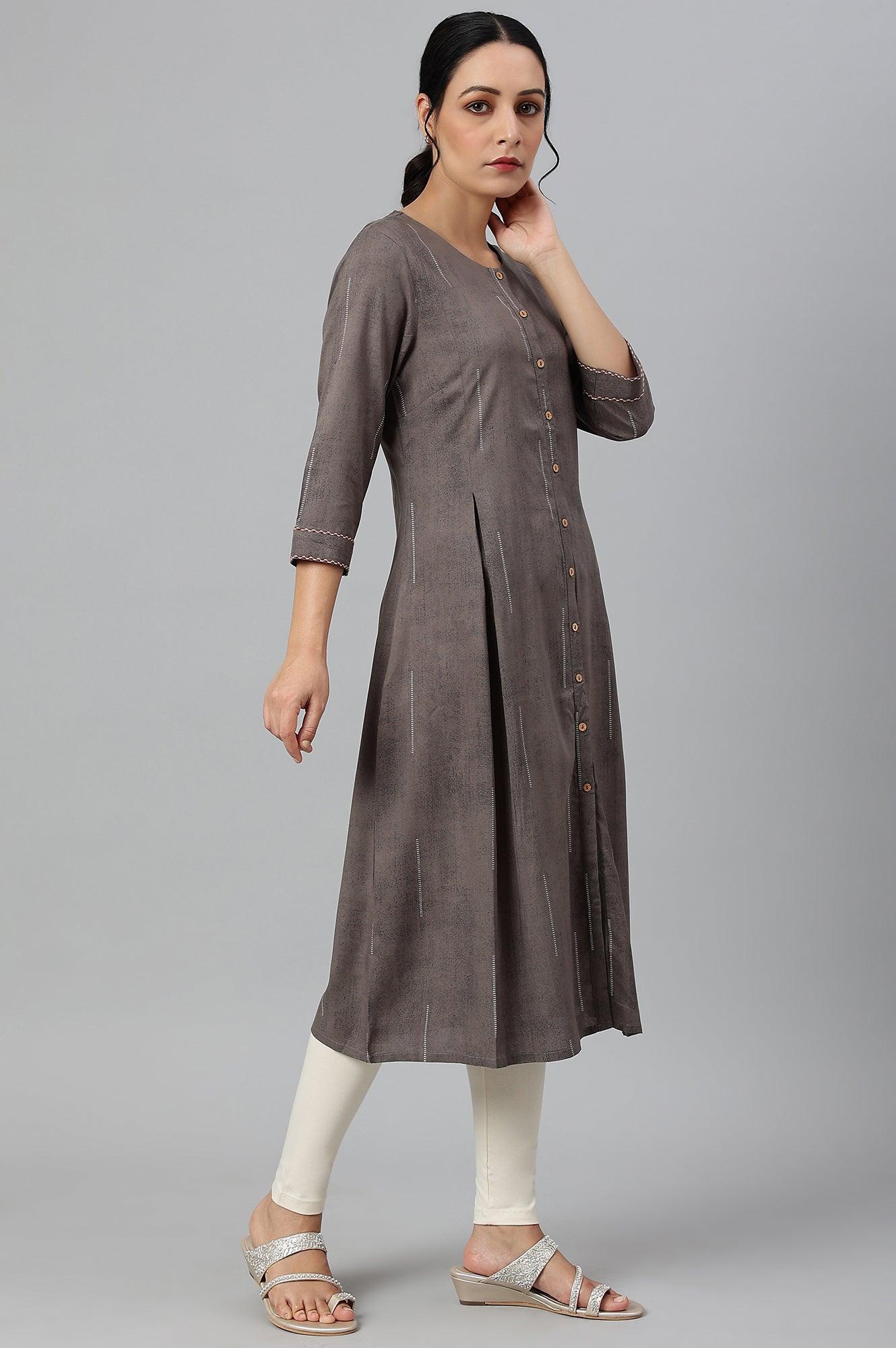 Charcoal Grey Button Down Pleated kurta - wforwoman