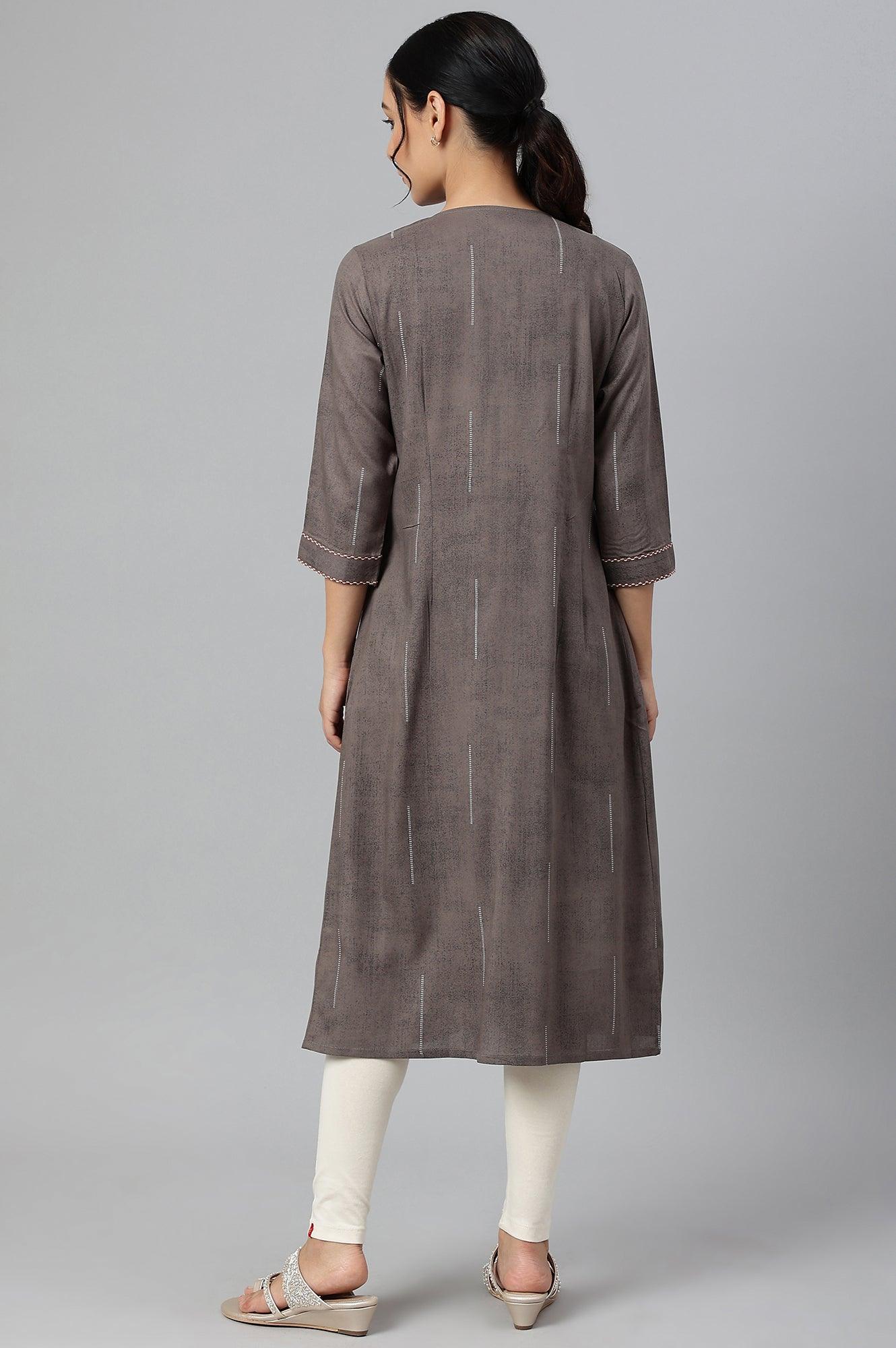 Charcoal Grey Button Down Pleated kurta - wforwoman