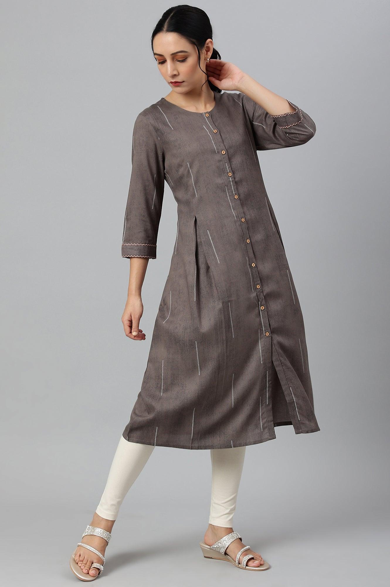 Charcoal Grey Button Down Pleated kurta - wforwoman