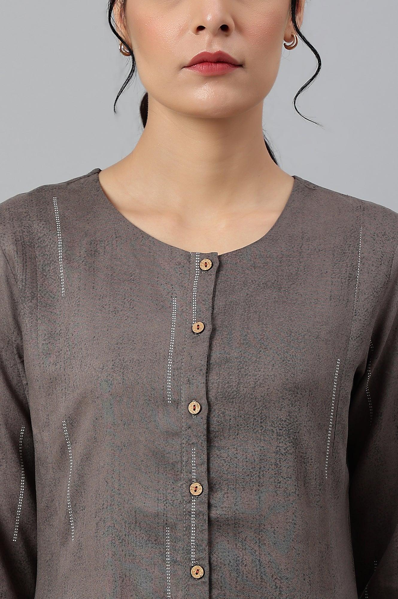 Charcoal Grey Button Down Pleated kurta - wforwoman