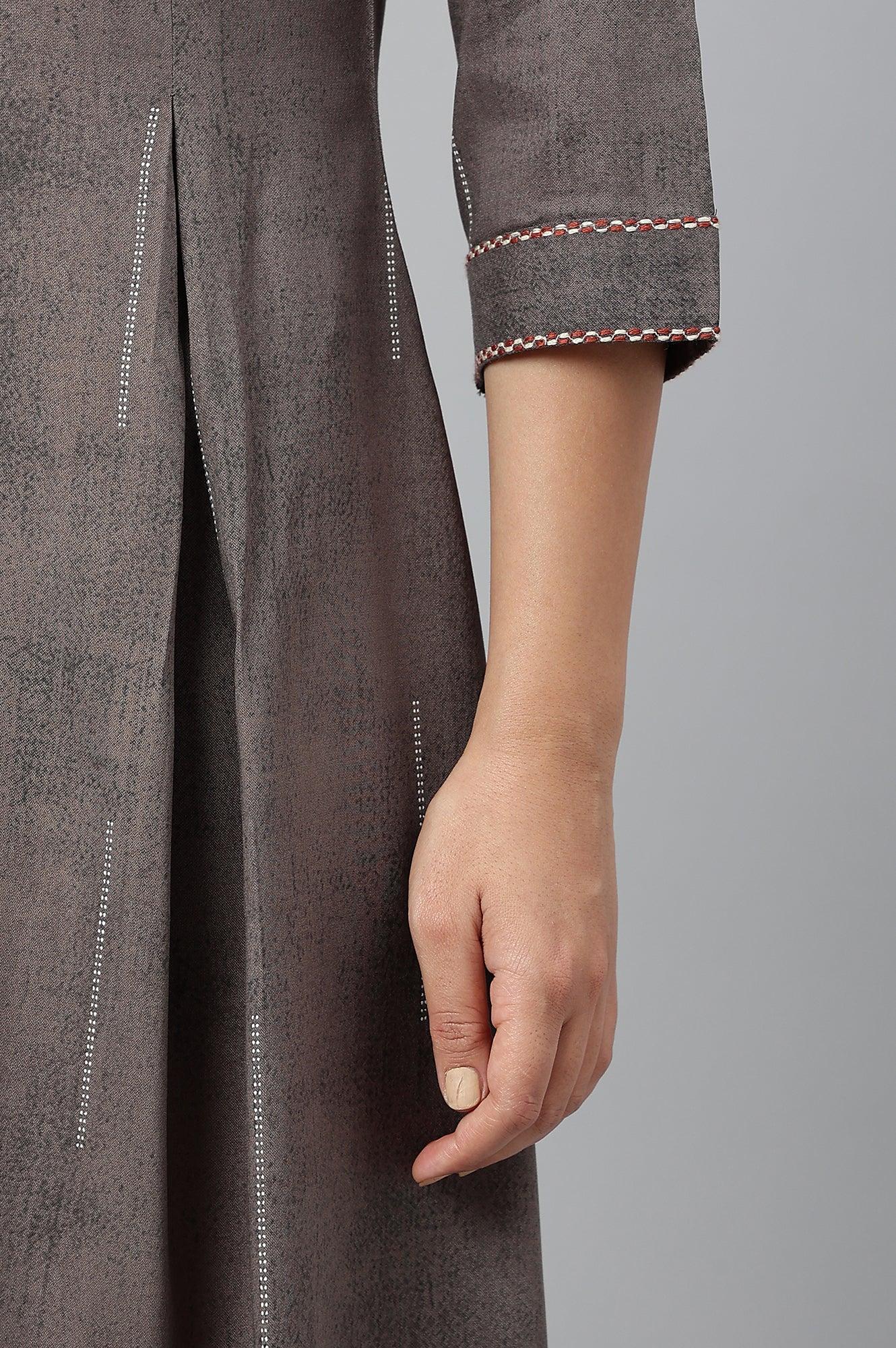 Charcoal Grey Button Down Pleated kurta - wforwoman