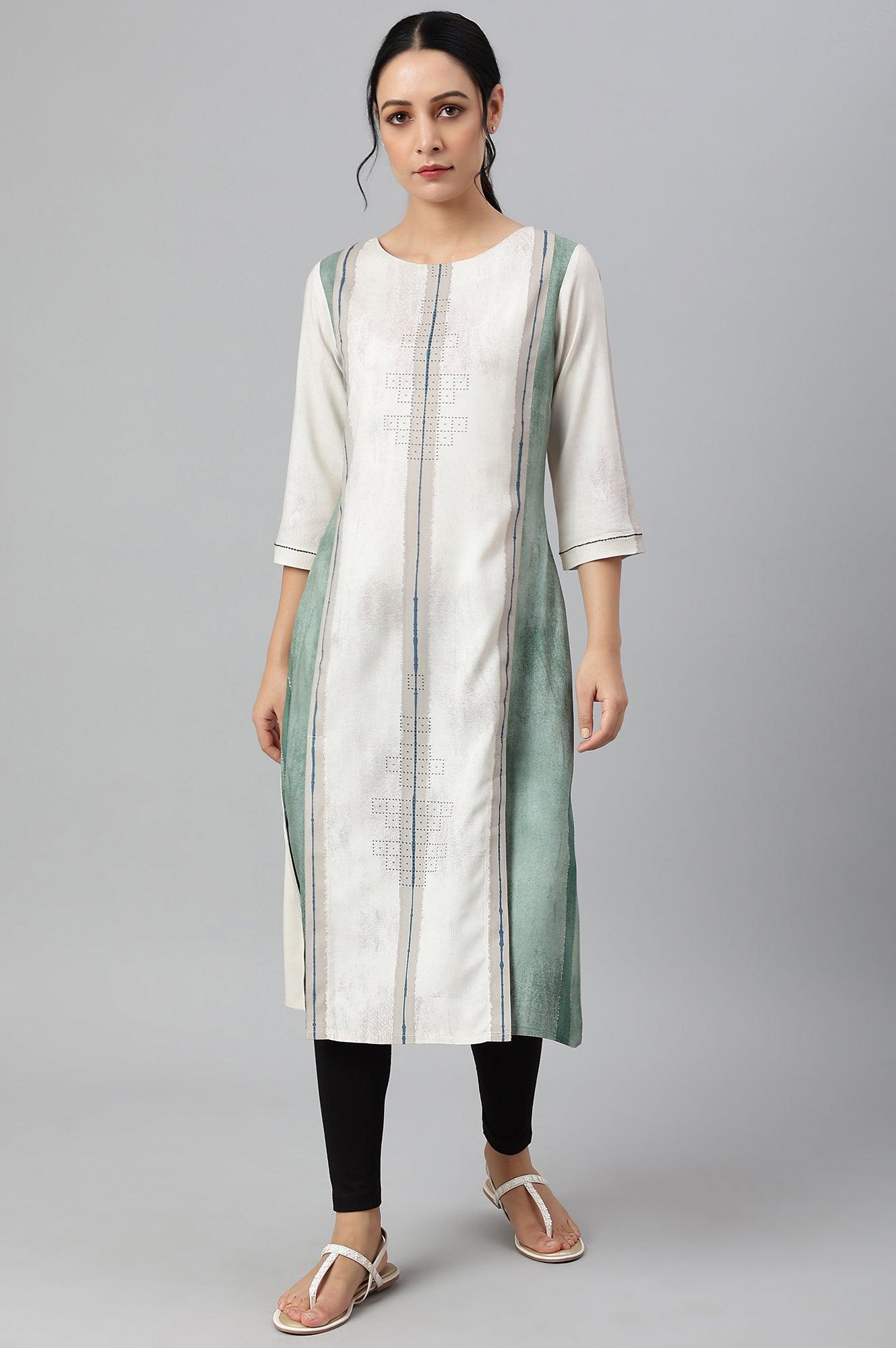 Beige And Green Pleated A-Line kurta - wforwoman