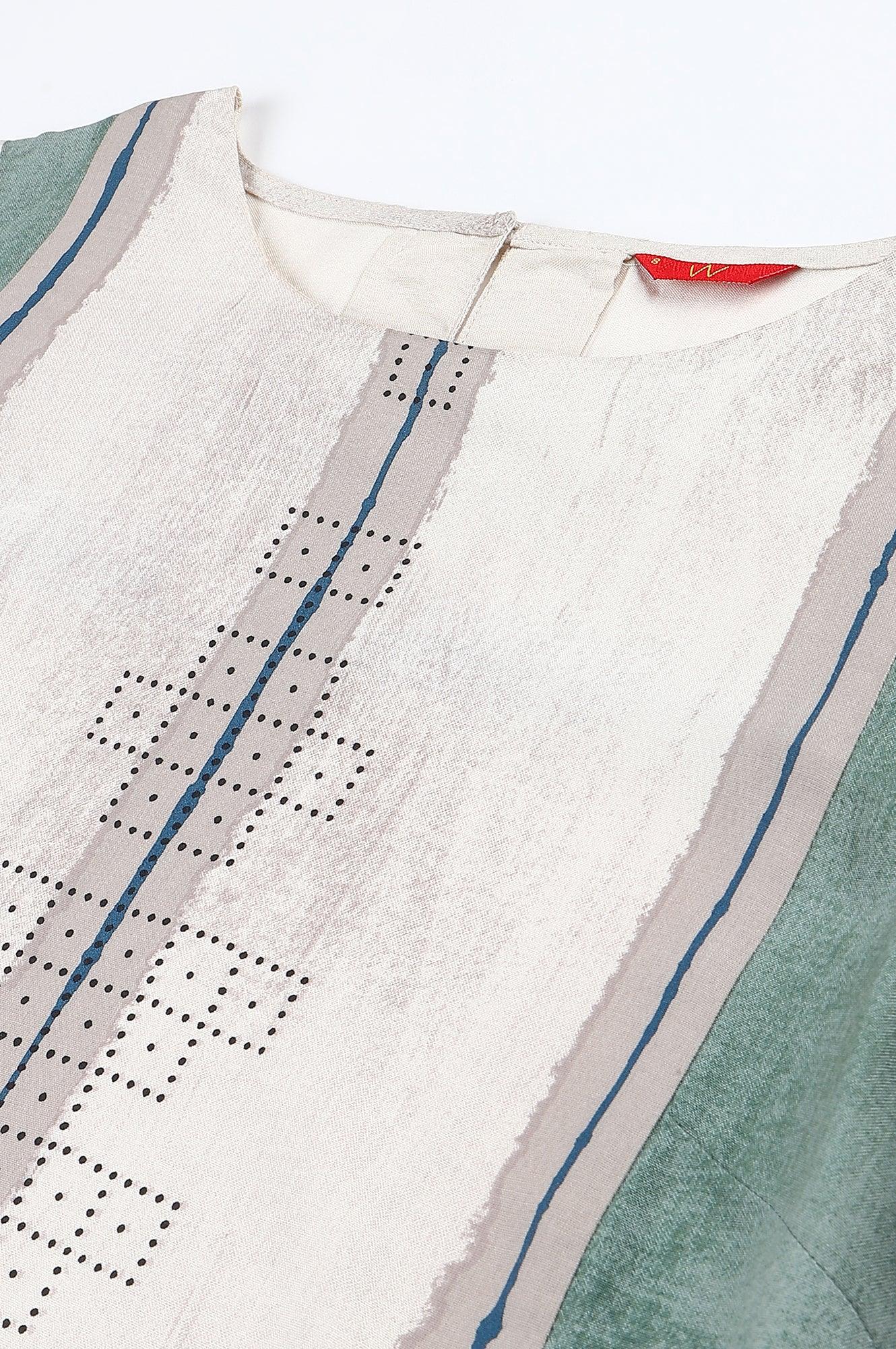 Beige And Green Pleated A-Line kurta - wforwoman