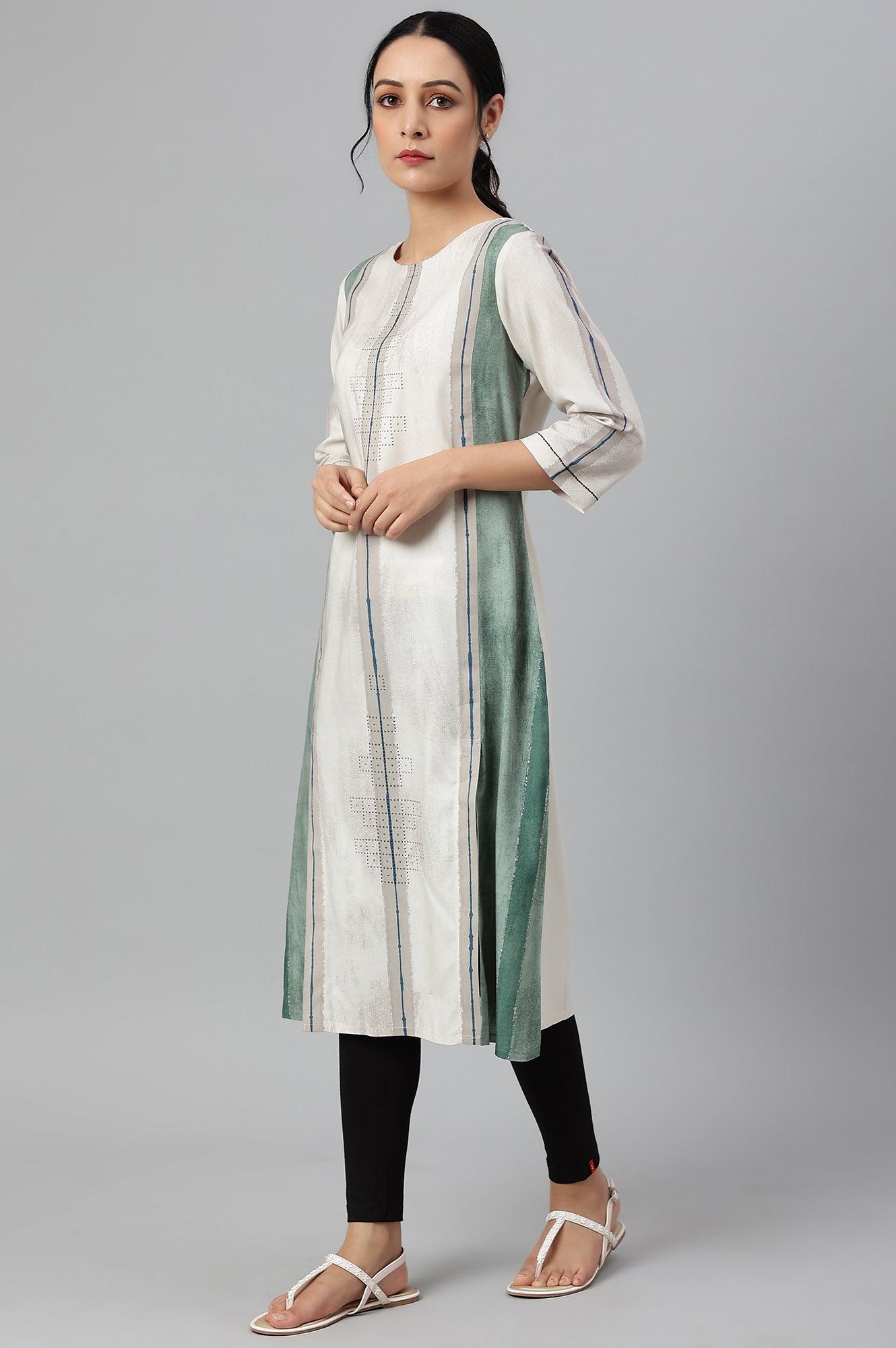 Beige And Green Pleated A-Line kurta - wforwoman