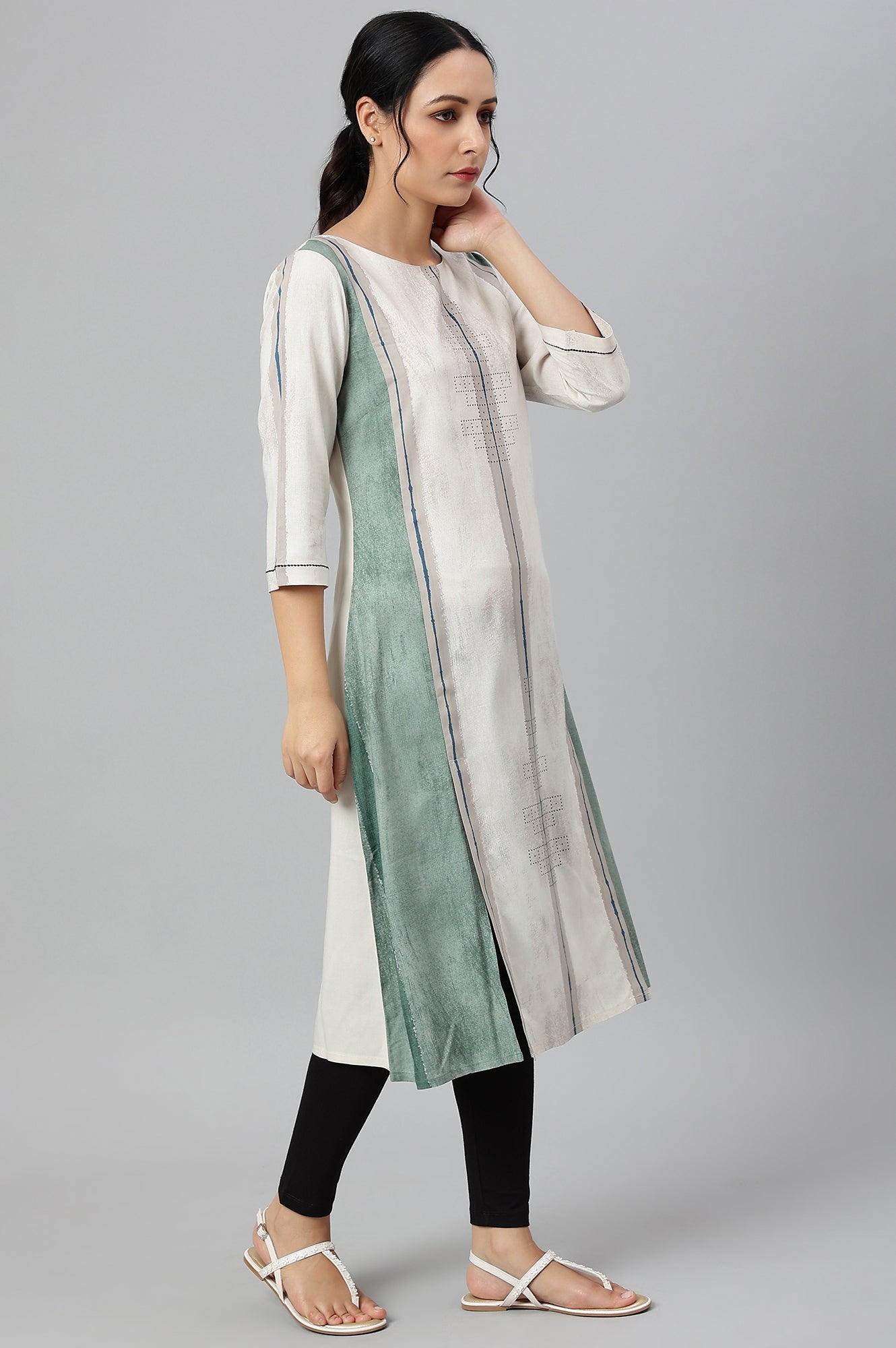Beige And Green Pleated A-Line kurta - wforwoman