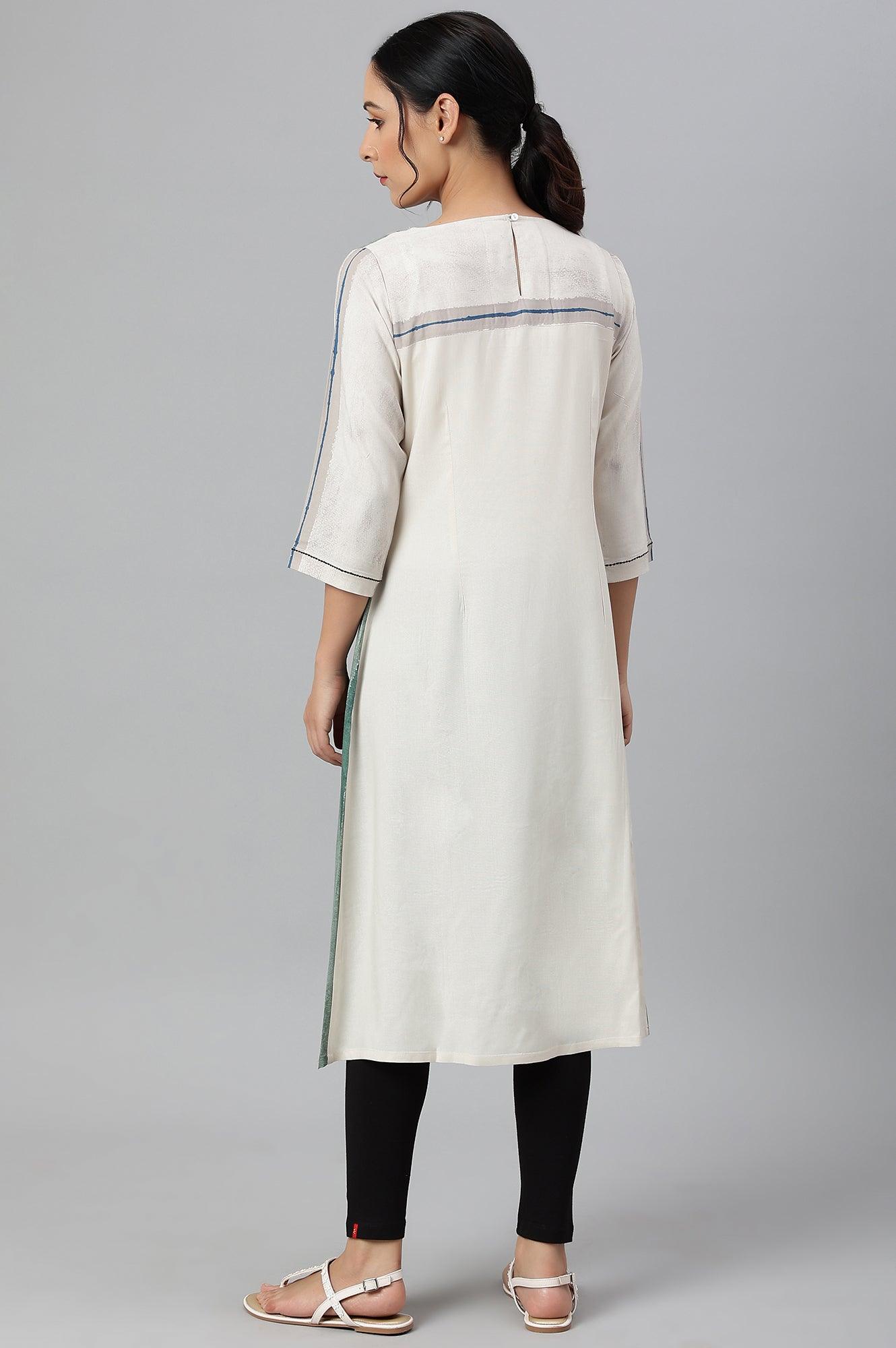 Beige And Green Pleated A-Line kurta - wforwoman