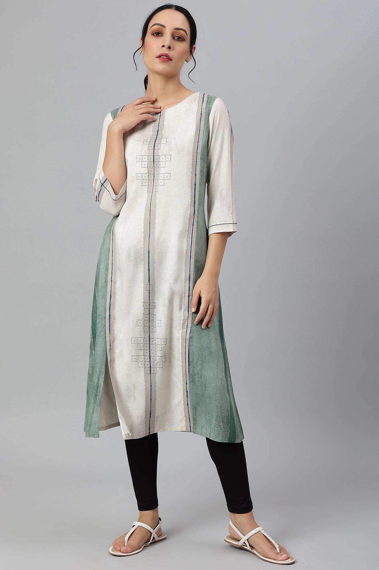 Beige And Green Pleated A-Line kurta - wforwoman