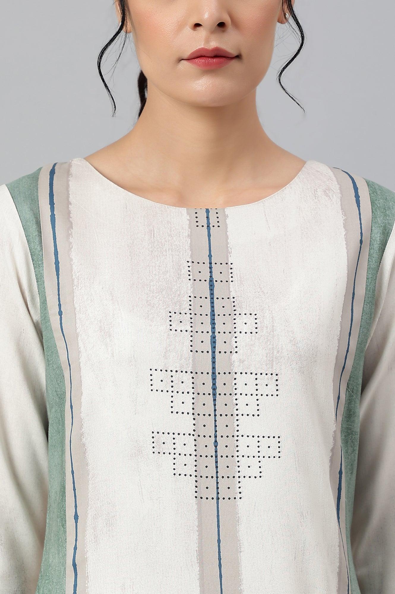 Beige And Green Pleated A-Line kurta - wforwoman