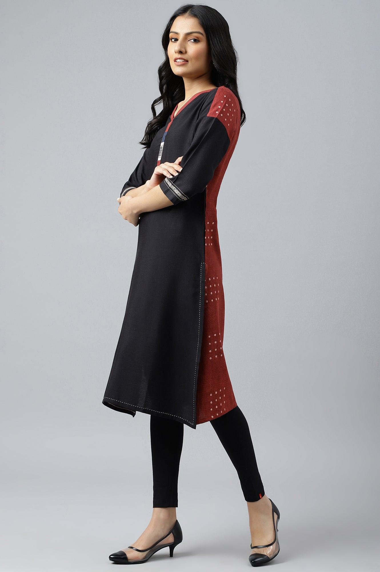 Black Solid kurta With Printed Placket - wforwoman