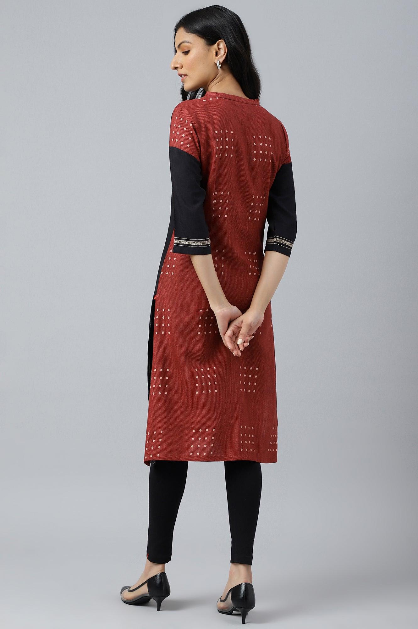 Black Solid kurta With Printed Placket - wforwoman