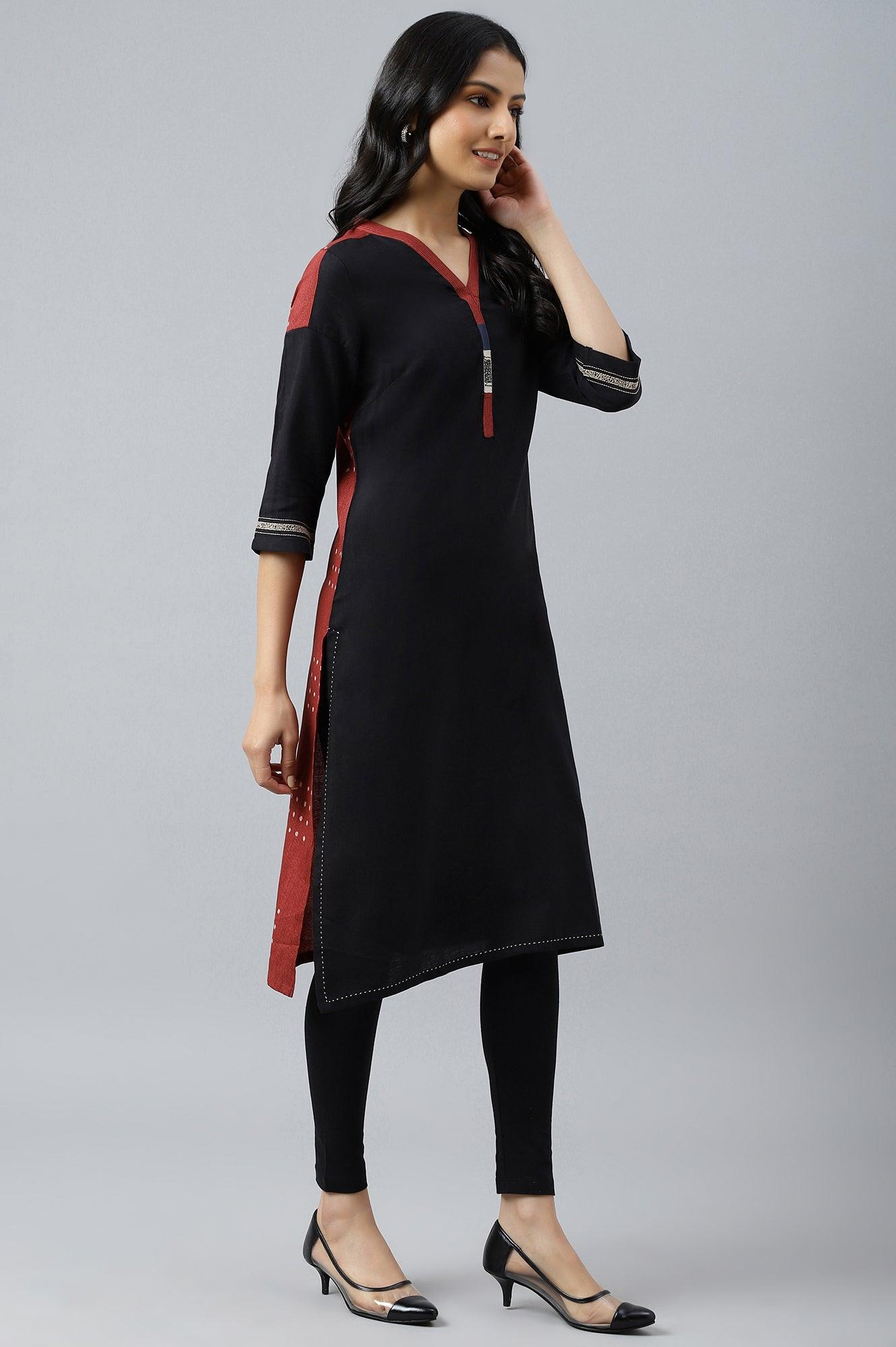Black Solid kurta With Printed Placket - wforwoman